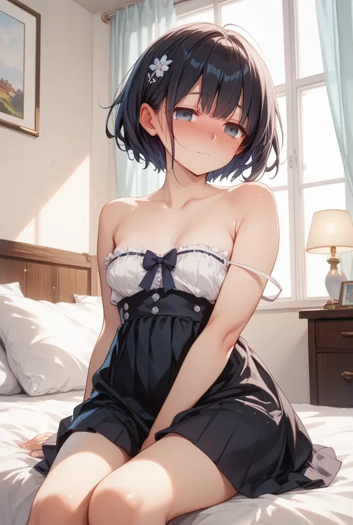 ultra-detailliert, Best Quality, High resolution, ((1 cute girls)), Looking at Viewer, pale skin, Petite,（maid clothes）、（??????????）、 (Very short hair), （A dark-haired）(flat ?????), (Glasses),  (blush:1.2), Blue eyes, An embarrassed smile, ????, Maid Cafe、Spread your ??????????、Clothes lift、