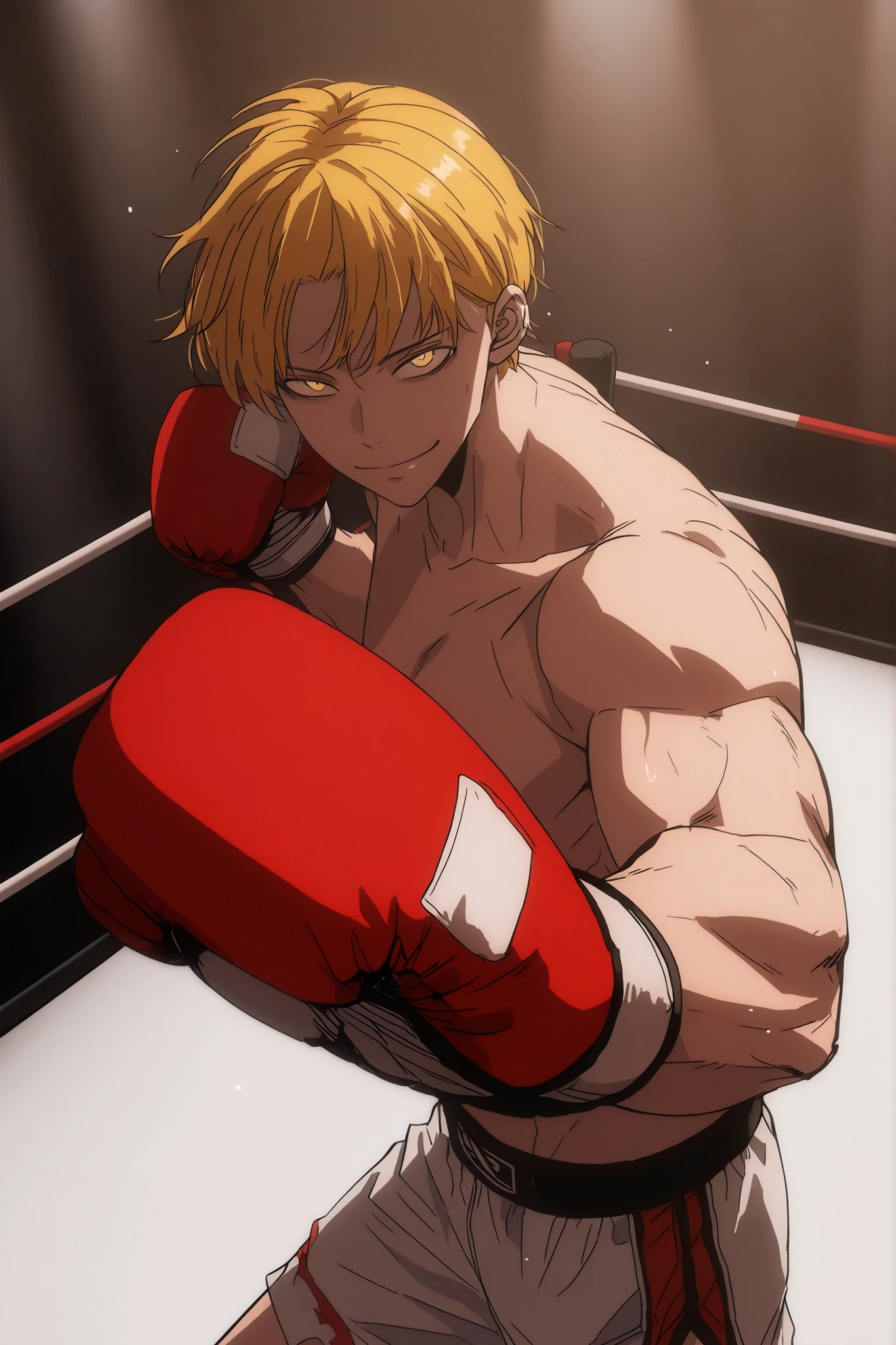 J (the boxer), cinematic portrait of score_9, score_8_up, score_7_up,
boxy, looking at viewer, male, closed mouth, boxing gloves. 85mm lens, f/1.8, dramatic side lighting, moody atmosphere, yellow hair, yellow eyes , Athletic body, ripped, Thin smile, solo leveling style, 2d, solo leveling artstyle , boxing stance, fighting stance, perspective, good perspective, the background is a boxing ring, front view, middle aged man , red boxing gloves, white boxing shorts, upperbody only, Hair down, short hair