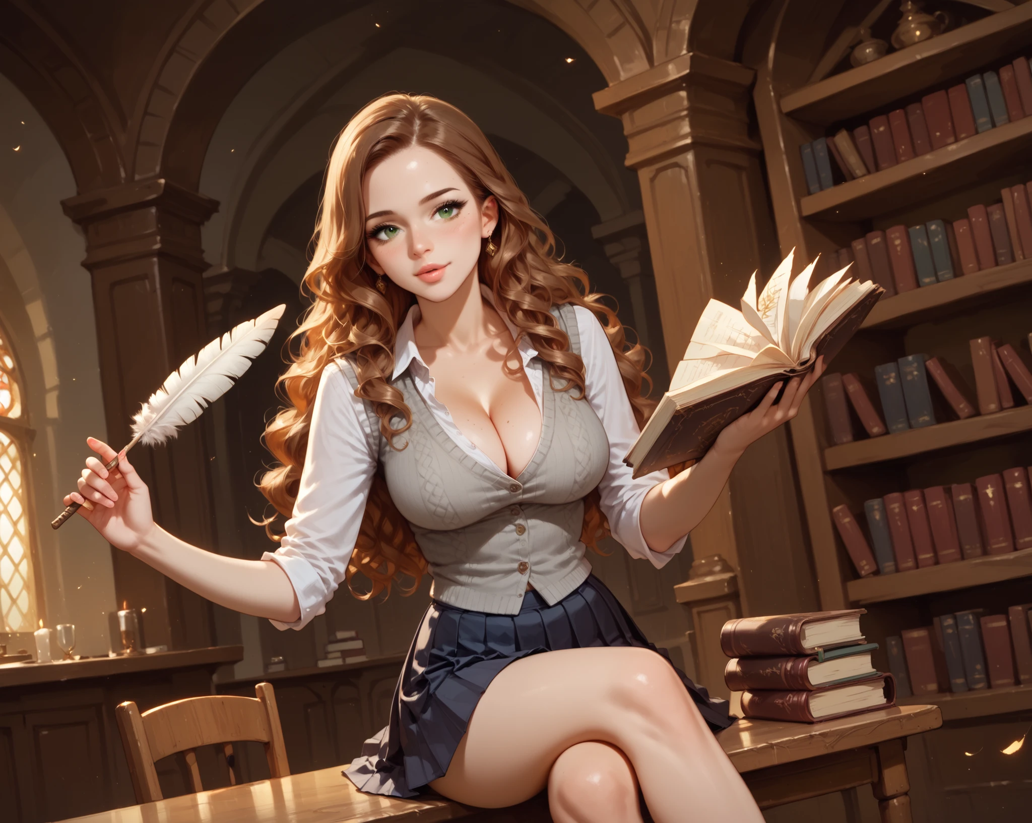 Anime-style illustration of a young very supersexy horny woman with plumpy sexy detailed lips, beautiful detailed face, sexy lips, big breasts, very detailed face, she is sitting on a wooden antique desk in a warm, softly lit library. She has long thick wavy curly busy brown hair, big green eyes, and wears a white sexy blouse with a grey knitted vest and a short dark grey pleated skirt. She holds a large big long wrighting feather quill in one hand and a big open glowing magic book in the other. Old ink bottle is on the table. Shelves filled with books create a cozy and mysterious background of the old castle library. The atmosphere is magical and mystic.