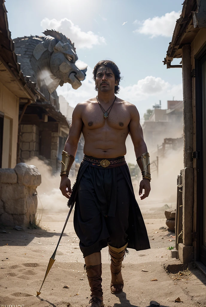 a mighty man, wearing dark red trousers and a belt batik,indonesian face, black hair accompanied, holding a keris sword, standing fiercely, the background of the magnificent temple palace, bright, realistic, ultra detailed, 70 mm lens