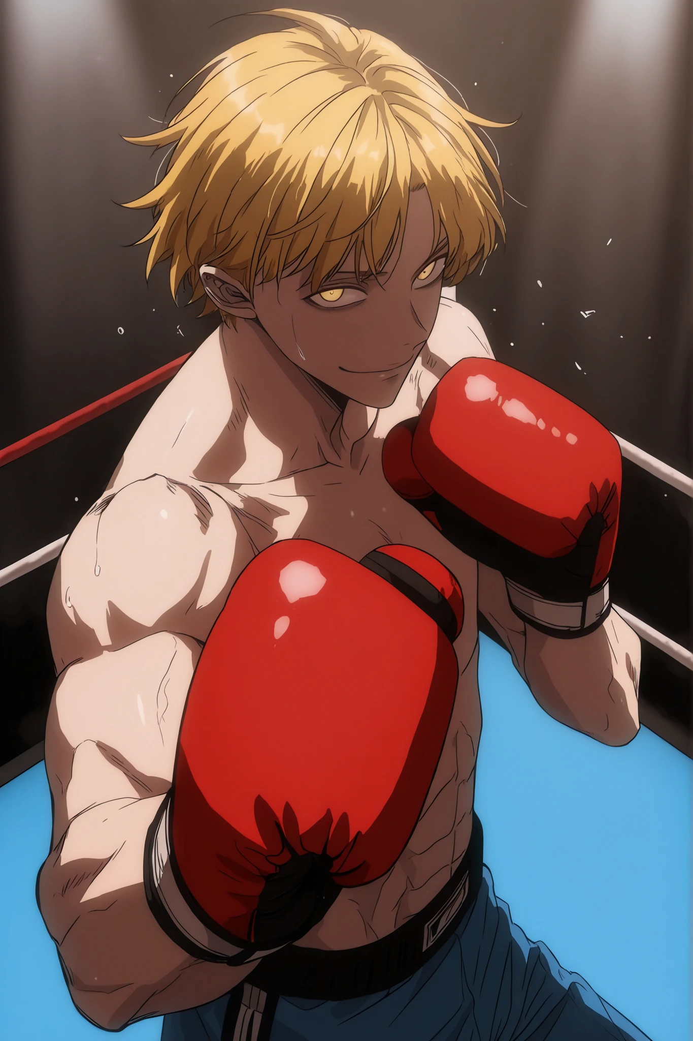 J (the boxer), cinematic portrait of score_9, score_8_up, score_7_up,
boxy, looking at viewer, male, closed mouth, boxing gloves. 85mm lens, f/1.8, dramatic side lighting, moody atmosphere, yellow hair, yellow eyes , Athletic body, ripped, Thin smile, solo leveling style, 2d, solo leveling artstyle , boxing stance, fighting stance, perspective, good perspective, the background is a boxing ring, front view, middle aged man , red boxing gloves, upperbody only, Hair down, short hair,