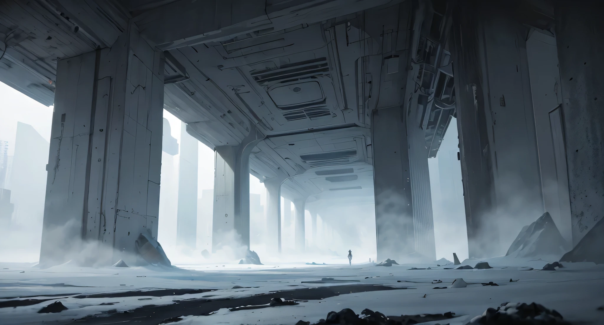 Ultra realistic cinematic sci-fi environment. Massive futuristic architecture fading into thick fog, soft atmospheric lighting, drifting snow or dust. Minimal, quiet, moody tone with large scale structures. Film-like softness, atmospheric haze, subtle depth. Color palette undefined.