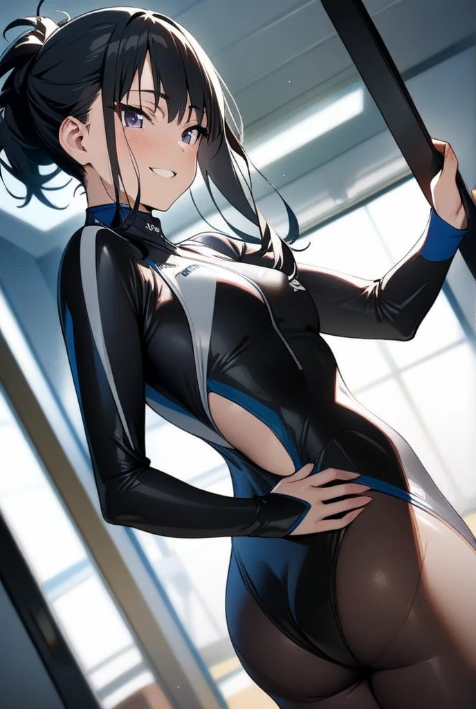 (​masterpiece、top-quality、in 8K、hight resolution:1.2)、Alone、1girl in、 Rin Shibuya, A slight smil、taut clothes、cowboy  shot、Look at viewers、battle posture、Hero Suit、body suit、tight suits、Trained abs、Trained biceps、(Buildings:1.2)、nighttime scene