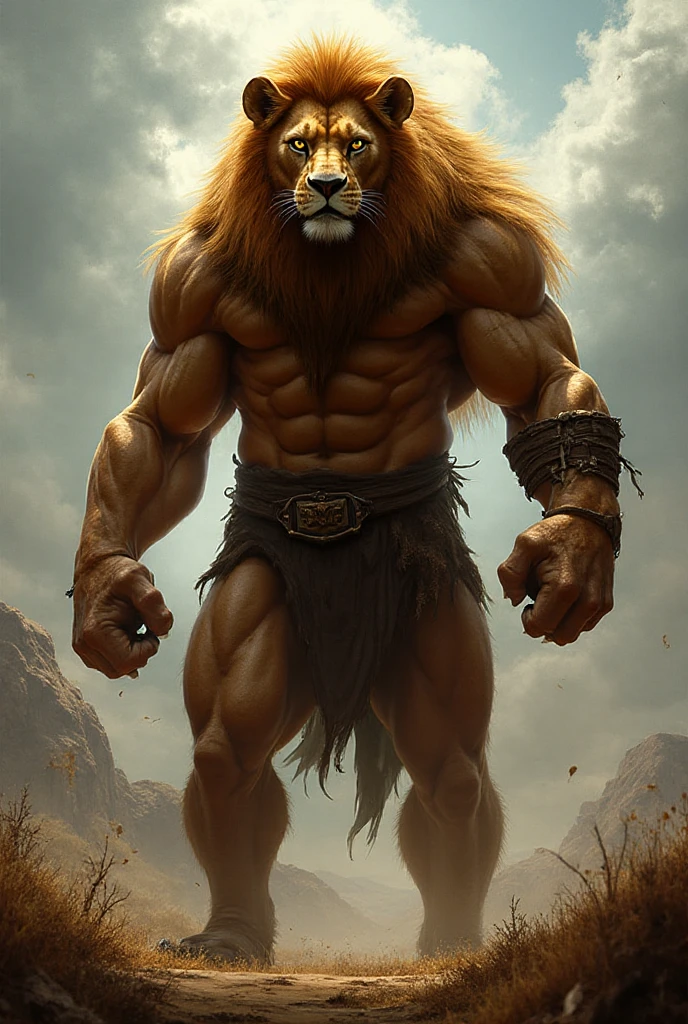 dark fantasy art, Loaded on E621, Anthro, furry, ????????, ((Lion Man)), high resolution, ((Detailed realistic image)), (detailed eyes, expressive eyes:1.2), Impaste Impressionism, crazy details, Soft, cinematic lighting, (by hyperrealist:1.3), (by detailed:1.2), Pupils, (View of the upper body), (body covered in hair), (masculine), hyper muscular, Huge muscles, Massive construction, wide shoulders, giant body, (lion man face), (Characteristics of the lion man), Lower savannah, Barbarian Loincloth, A semi-medium long flaccid ????? with ???????? visible, ?????????, ???????, open mouth, Stick out her tongue, teeth, 
