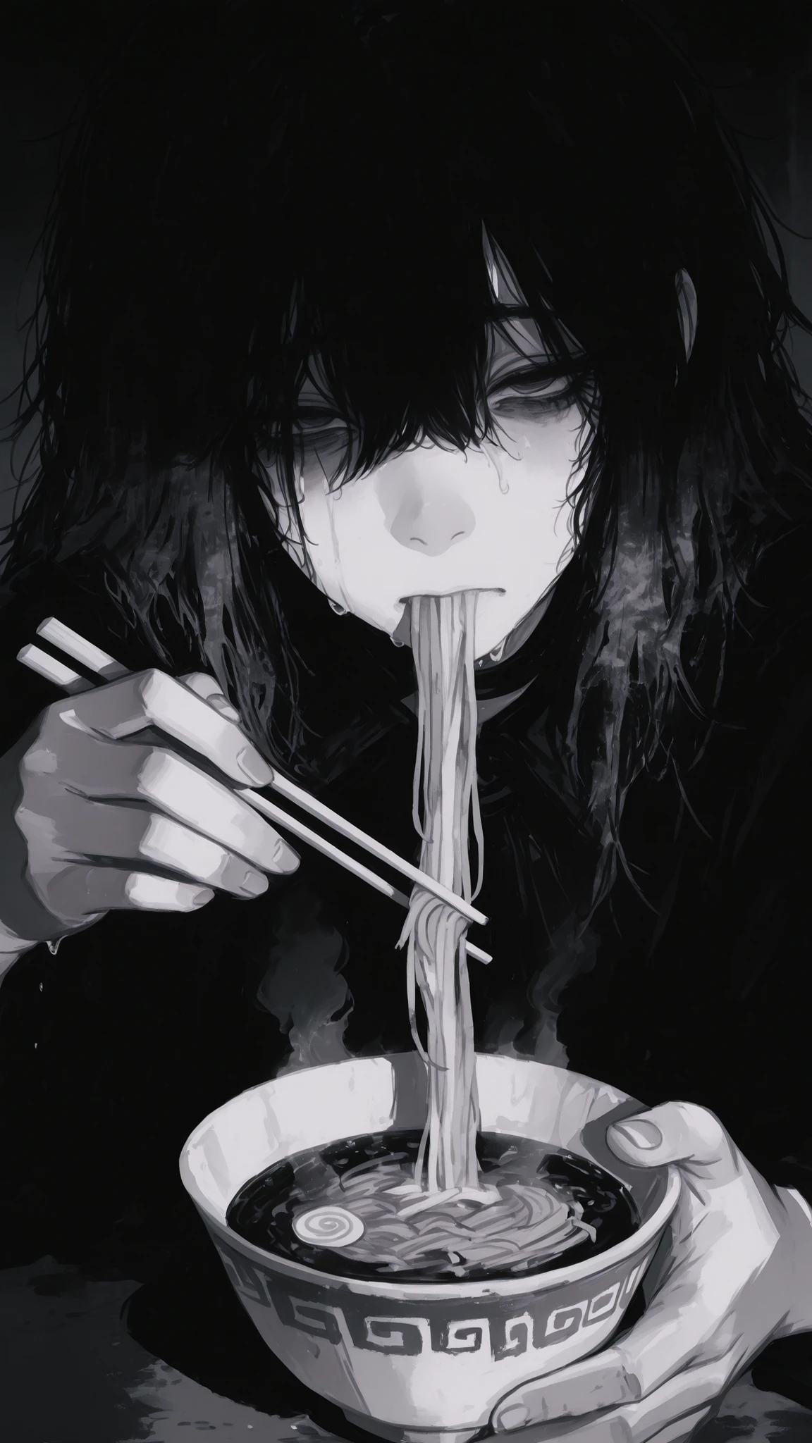 moody monochrome illustration, drenched dark atmosphere, close-up of a young girl with wet messy hair,A single tear, tired half-open eyes, heavy shadows around the eyes, subtle grunge texture overlay, detailed facial rendering, cold and desolate feeling, light mist in the air, dramatic contrast lighting, pencil-like shading, gothic melancholic tone,
the girl is holding a cup of instant ramen instead of smoking, steam rising softly from the cup, she is lifting noodles with chopsticks to her mouth, detailed hand and bowl texture, faint steam blending with the grunge mist, cinematic composition, ultra-detailed rendering
maorix,
