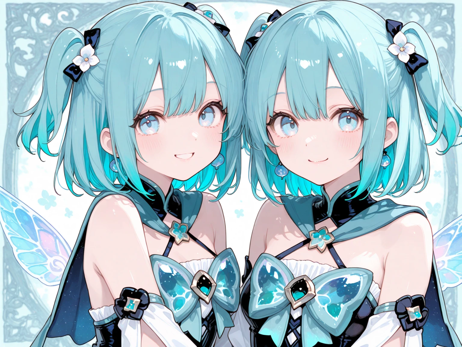 masterpiece,best quality,best resolusion,1 girl,detailed,2heads:2.5,Furina character,short white hair with a little blue mixed in,blue eyes,wearing a blue magician's hat,wearing blue long-sleeved clothes with white on the ,normal ,wearing long blue socks,cute surprised  expression,beautiful face,beautiful hair,beautiful eyes,beautiful body,beautiful hand,simple background,two heads one body,Conjoined twins