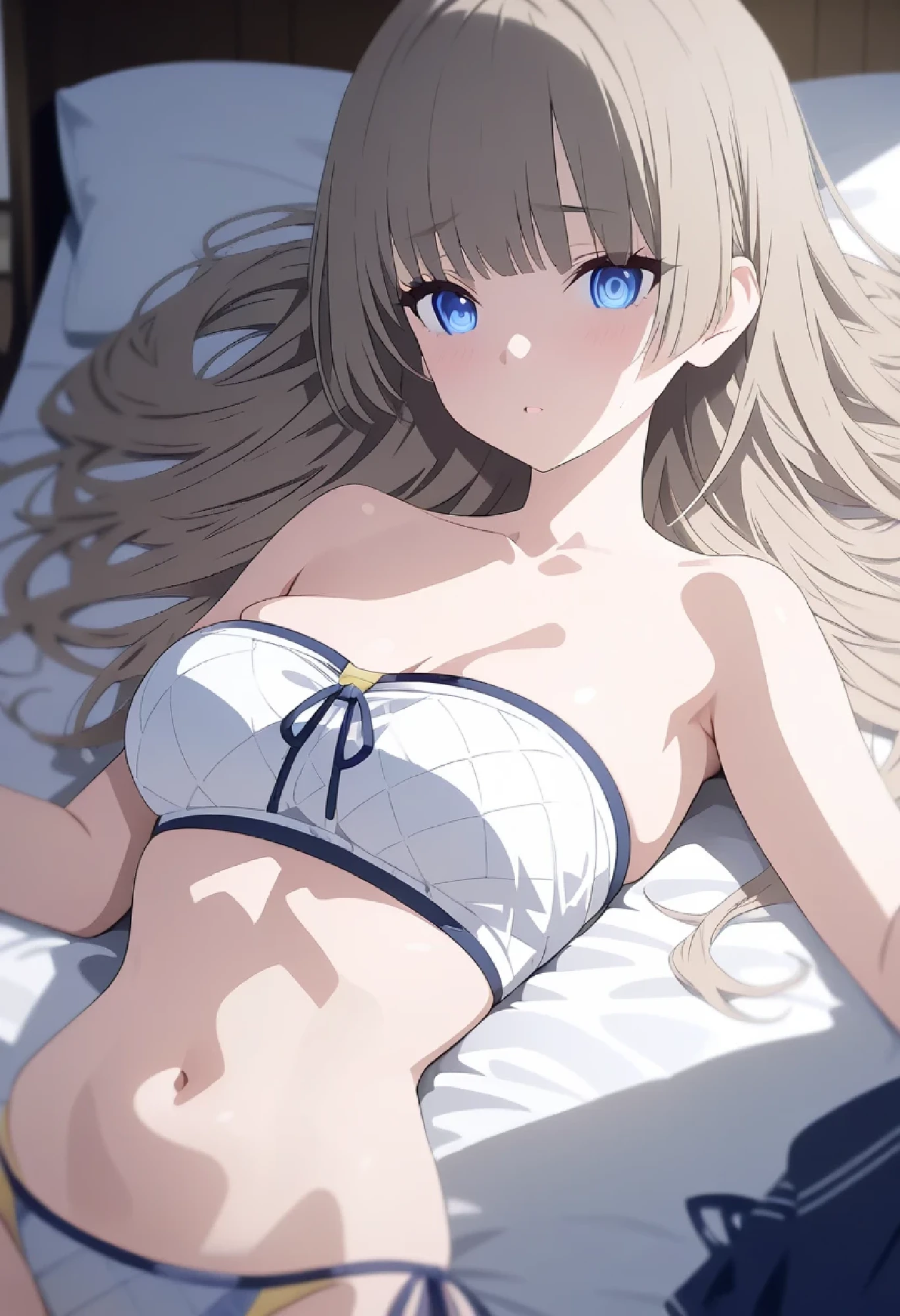 ((perfect )), (photo realistic), (very aesthetic), (highres), (detailed eyes), (top quality), (Realistic), (Super Detailed), (masterpiece), (top quality), (very detailed), (ultra detail), (Super detail), young woman with light brown hair and blue eyes, Lying in bed, 裸の胸が目立つ, 薄いピンク色ので. masterpiece, high score, great score, absurdres, 4k, japanese, Beautiful woman, bandeau nikini, hime cut, black hair, looking at viewer, standing, 白い手袋をはめた, が胴体下部, 露出した, 白いひも. ぼやけた, 両足の間を走る, の上にあり、先端から液滴が垂れ下がっています, の上に置かれた細い. と、全体的な印象は、親密な, 示唆的な瞬間.