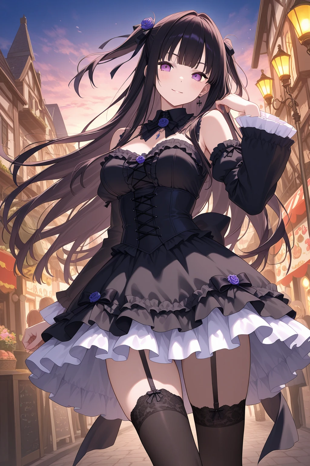 1 girl, Sensible, Alone, wide, old, looking at the viewer, blush, Blue eyes, black hair with white highlights, gloves, dress, hair between the eyes,  shoulders, Upper part of the body, outdoor, Chapped lips, wolf ears and tail, day, elbow gloves, halter neck, sunlight, many, joya