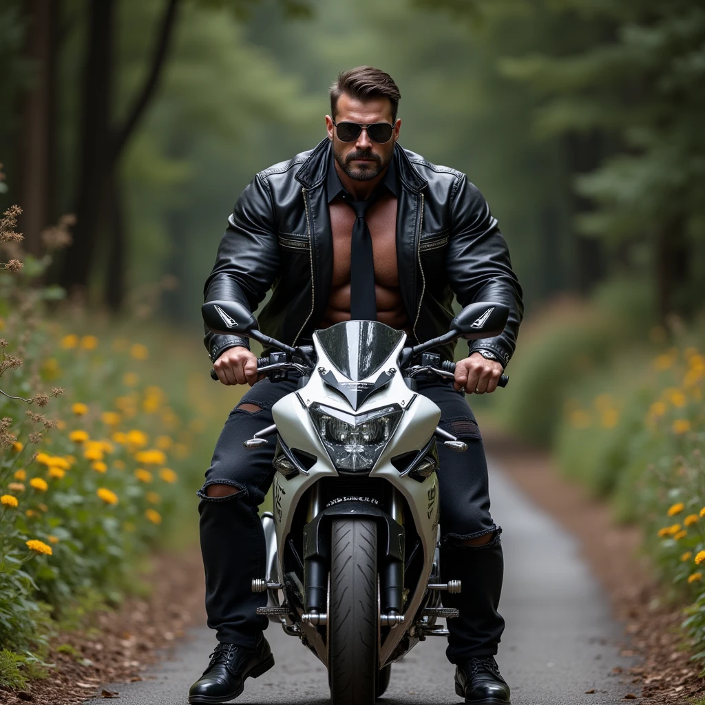 (photorealistic), masterpiece:1.5, beautiful lighting, best quality, beautiful lighting, realistic, real image, intricate details, everything in razor sharp focus, perfect focus, male focus, perfect face, extremely handsome, extremely muscular, Photograph, masterwork, meticulous nuances, supreme resolution, 32K, ultra-defined, extremely shallow depth of field, RAW Photo, Highest Quality, Realistic, Intricate Detail, Masculine. Generate a dynamic and perfect image of a handsome arab man, 20 yo, very muscular, with striking blue eyes, short black hair, and parted lips, exuding confidence in a stylish leather jacket, (tight and short leather ):1.5, and fashionable footwear. Envision him riding a motorcycle on a scenic road. Request meticulous attention to detail for him attire, expression, and the overall scene, aiming for a photorealistic masterpiece capturing the essence of a fearless and fashionable man enjoying a ride. voluptuous chest, large and muscular arms and legs, voluptuous butt, sexy, 