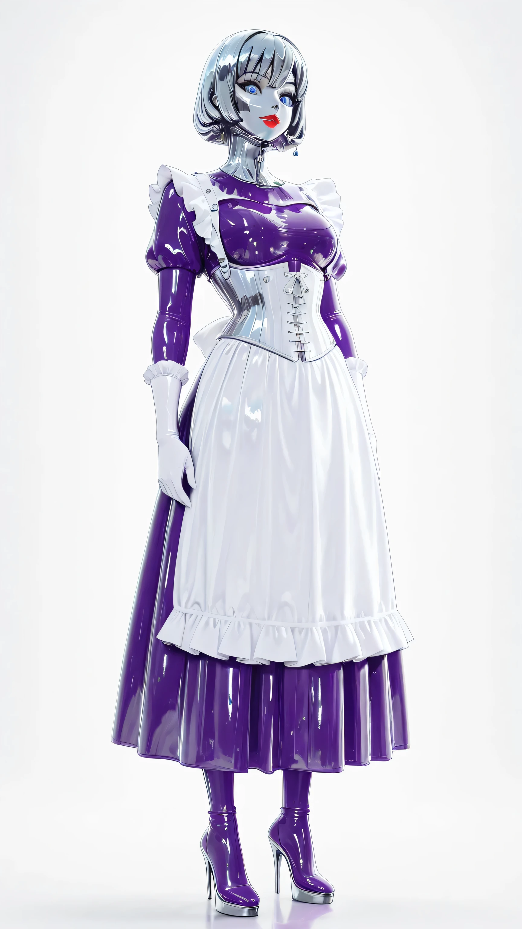 maniajuns, chrome skin,chrome face, black lenses, chrome short hair,blue eyes,red lips, happy,white NeckCorset, HW_Corset, standing, purple latex maid, gothic, frilly, ruffles, purple latex long skirt, Wide Skirt, big purple latex puffed sleeves, white latex gloves, white latex big apron,white latex socks, full body, 1 girl, chrome high heels, view straight ahead,front view..
