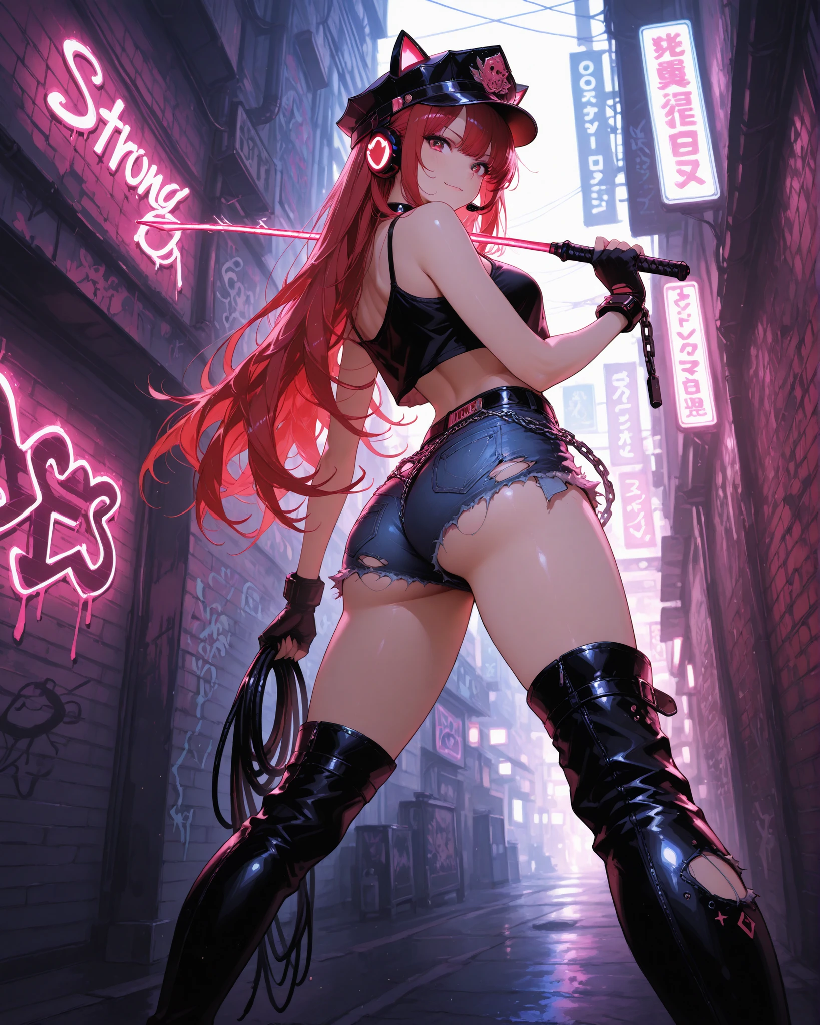 Low angle, (masterpiece, ultra detailed, anime-meets-realism, 4k),
a confident and attractive female character inspired by the Poison aesthetic, standing in a dynamic pose.
She has long hair red, purple yes, wearing cat ear headset, styled in a wild, edgy fashion.
Outfit: a cropped tank top, short torn denim shorts with a chain on the side, fingerless gloves, thigh-high boots with metallic details, and a stylish police-style cap tilted slightly to the side.
She holds a whip casually over her shoulder, expression playful and rebellious with a hint of danger.
Body language confident and cheeky.
Neon city lights or graffiti walls in the background, giving a punk-street vibe.
Strong highlightswearing cath um ear headset, glossy textures, vivid colors, dynamic shadows, high energy character design. Solo