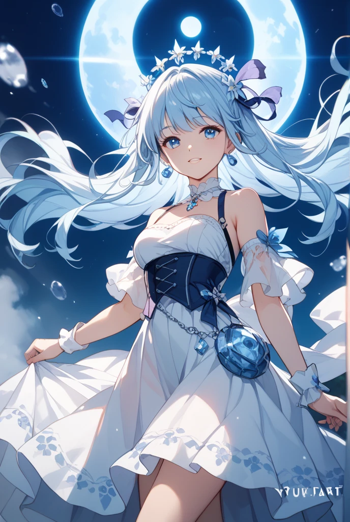 masterpiece, 8k, sharp focus, high resolution, princess, beautiful girl, fantasy white dress with blue corset