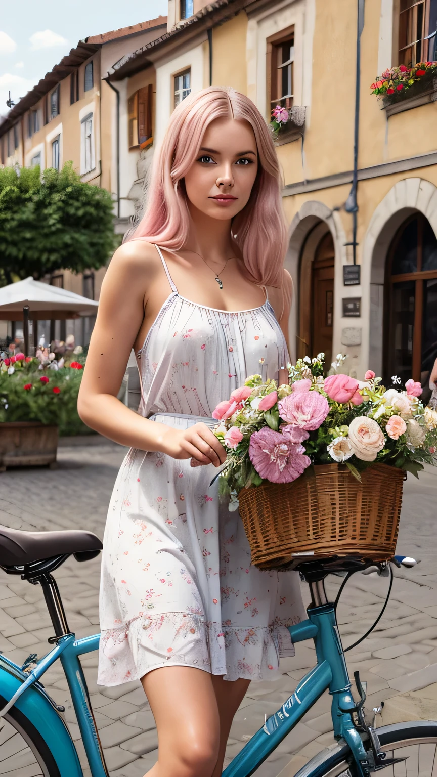 ultra realism, photorealistic, A 34-year-old Slavic appearance girl with super long shiny pink hair and clear blue eyes and beautiful cheeks, sitting on a vintage bicycle in a picturesque European town square. She’s wearing a light sundress with a basket of flowers attached to the bike’s handlebars.