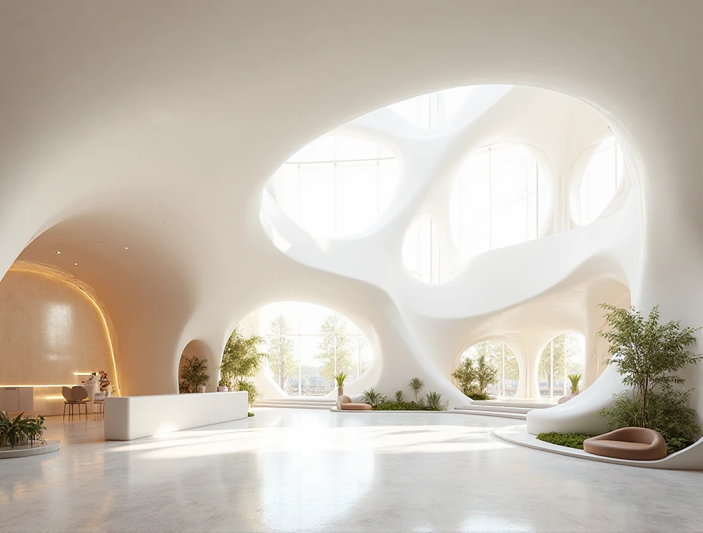 “Ultra-photorealistic interior rendering of an organic, fluid entrance ...