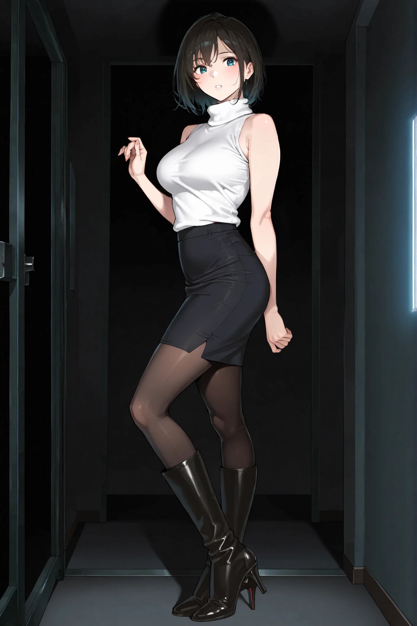 ((inspired by )),,( ((masterpiece)) , ((best quality)) , ((hyper detailed))) ,beautiful-woman, ((detailed face)),((detailed body)),(full body:1.3).
, 
,
1-woman,
The woman is wearing  sleeveless turtleneck sweater and pencil skirt with pantyhose ,((black knee-length-boots with high-heels :1.5.)),
in office.


