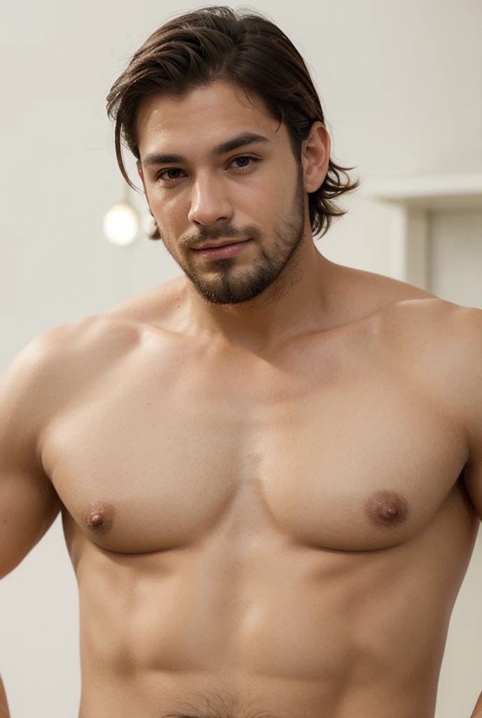 Photorealistic, 8K full body poster, Handsome, 25 year old male, Attractive look, detailed facial details, nsfw,fellatio,Completely naked,Huge penis,Tokyo, Bedroom, Soft Light,Stubble,Broad shoulders,great muscles，pubic hair，Armpit hair,Big penis，Beautiful penis,,Blowjob