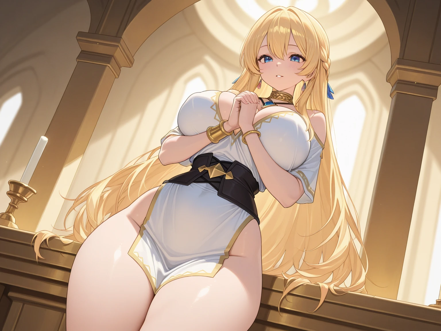 (masterpiece), (highest quality), ((Super detailed))、(super delicate)、Cute  knight armor girl、Pastel colors hair、(large :1.2, Thighs:1.2, thick legs:1.2, curvy:1.2)、Gorgeous、blonde hair, hair down, bangs between eyes, long hair, (:1.3), standard height, (blush:1.2, expressionless), garter ring, nfsw, sweat, ( in :1.3), 