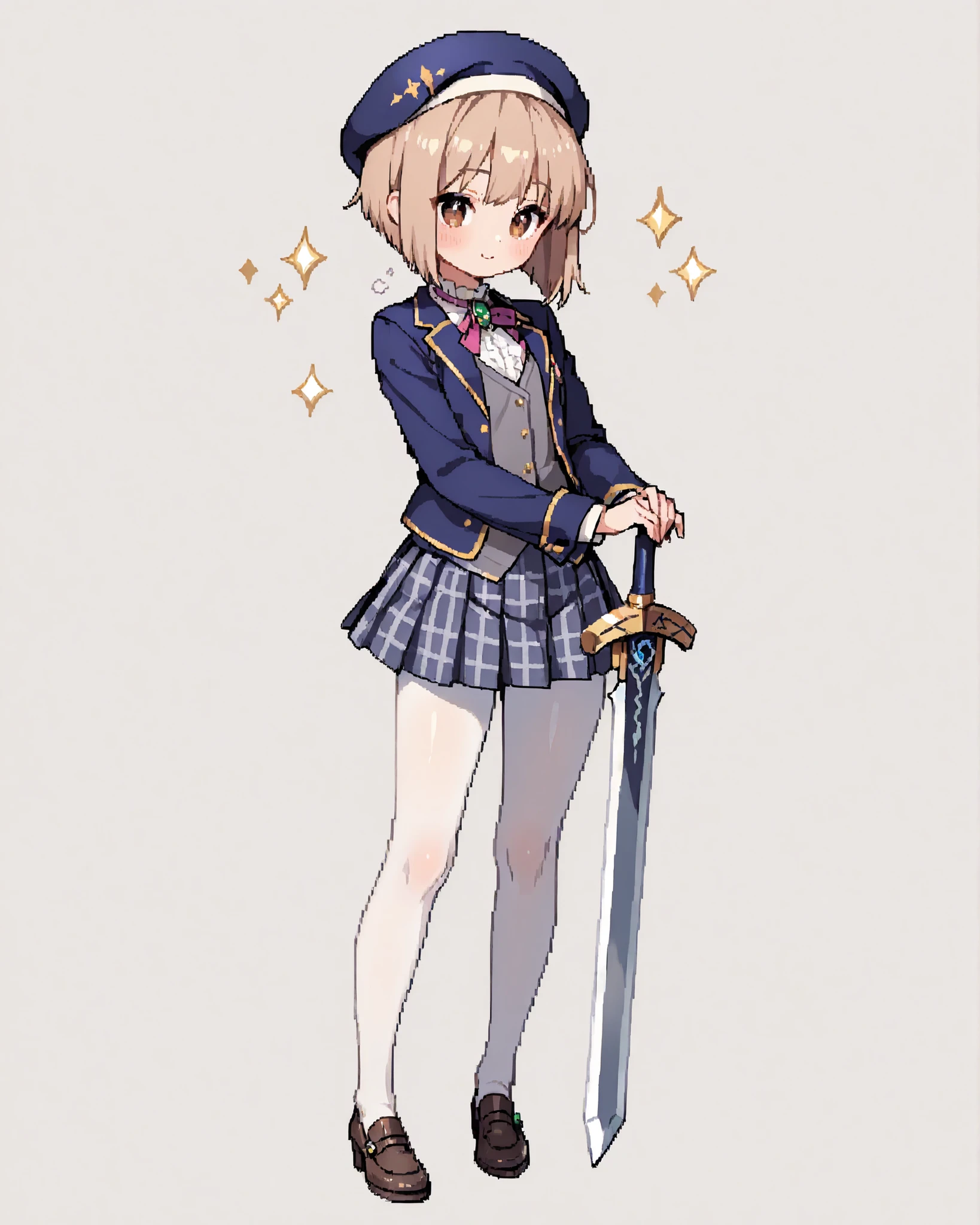 (Greatest Masterpiece、top quality、details、high image quality、super beautiful)、、Fantasy、Anime Beautiful Girl、cute、slender、light brown hair(short bob hair)、Brown eyes、dark blue beret、dark blue blazer、Grey vest、plaid pleated skirt、white pantyhose、leather shoes、A girl sits while hugging the blade of The Splendid Sword of the Treasure Sword(The hilt and brim are made of gold and decorated with jewels、A long sword with a wide blade and a straight blade(A girl hugging a sword)、The blade shines faintly in gold)One girl grasps Rin with both hands and smiles々One Girl Smiling Smilingly、standing in the teacher's house