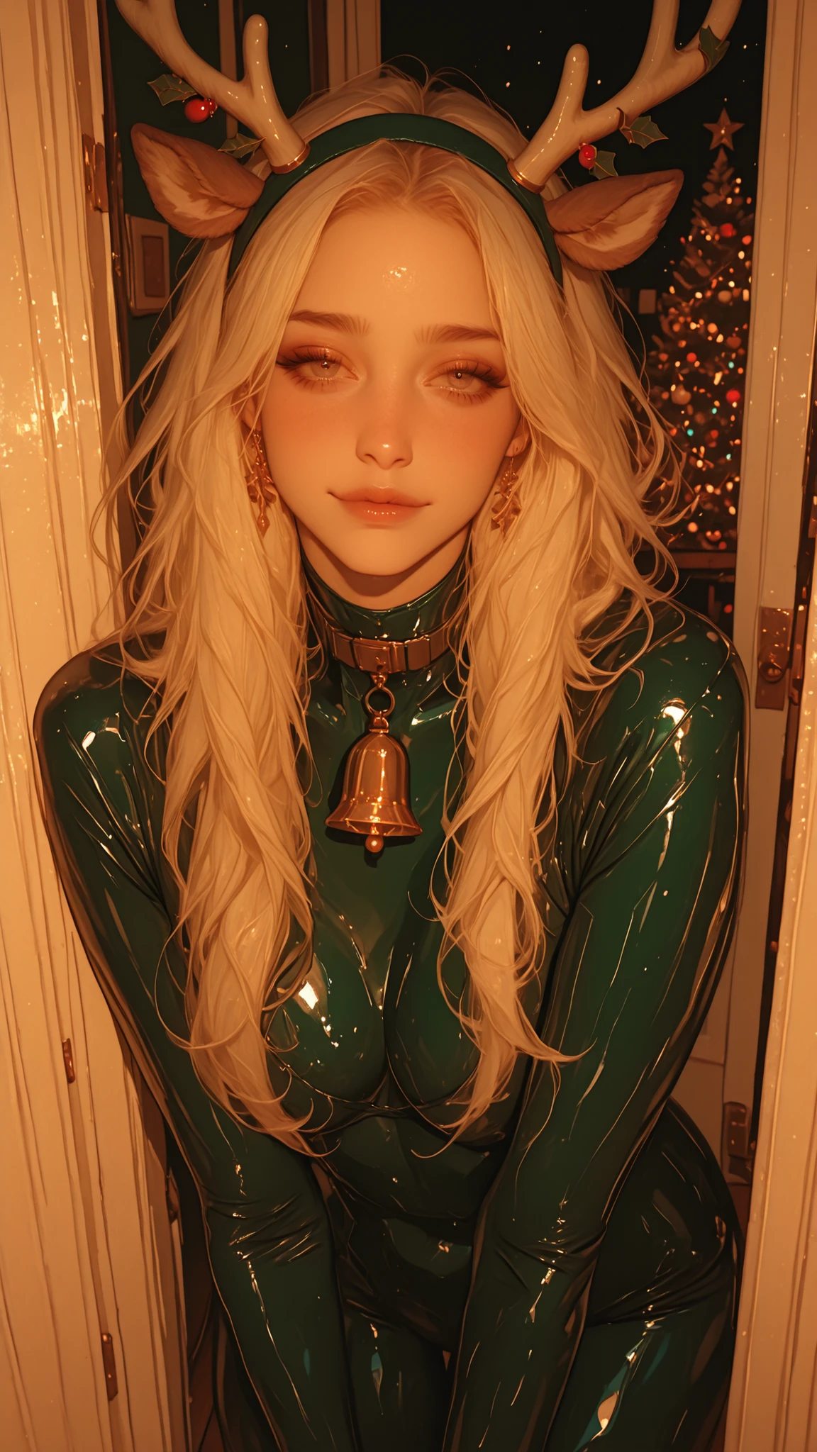 A beautiful woman wearing a glossy red full-body latex suit with elegant green accent lines along her arms, waist, and legs.
She also wears a festive reindeer headband featuring soft brown ears and gracefully curved antlers decorated with tiny golden bells that gently catch the light.
She stands in a glowing Christmas town with warm illuminations, ornaments, and softly falling snow.
The latex suit reflects the holiday lights, creating vivid highlights and a refined high-fashion Christmas look.
Her expression is warm and confident, radiating a cheerful holiday spirit.
Ultra-detailed, cinematic lighting, crisp reflections, festive atmosphere, premium design.