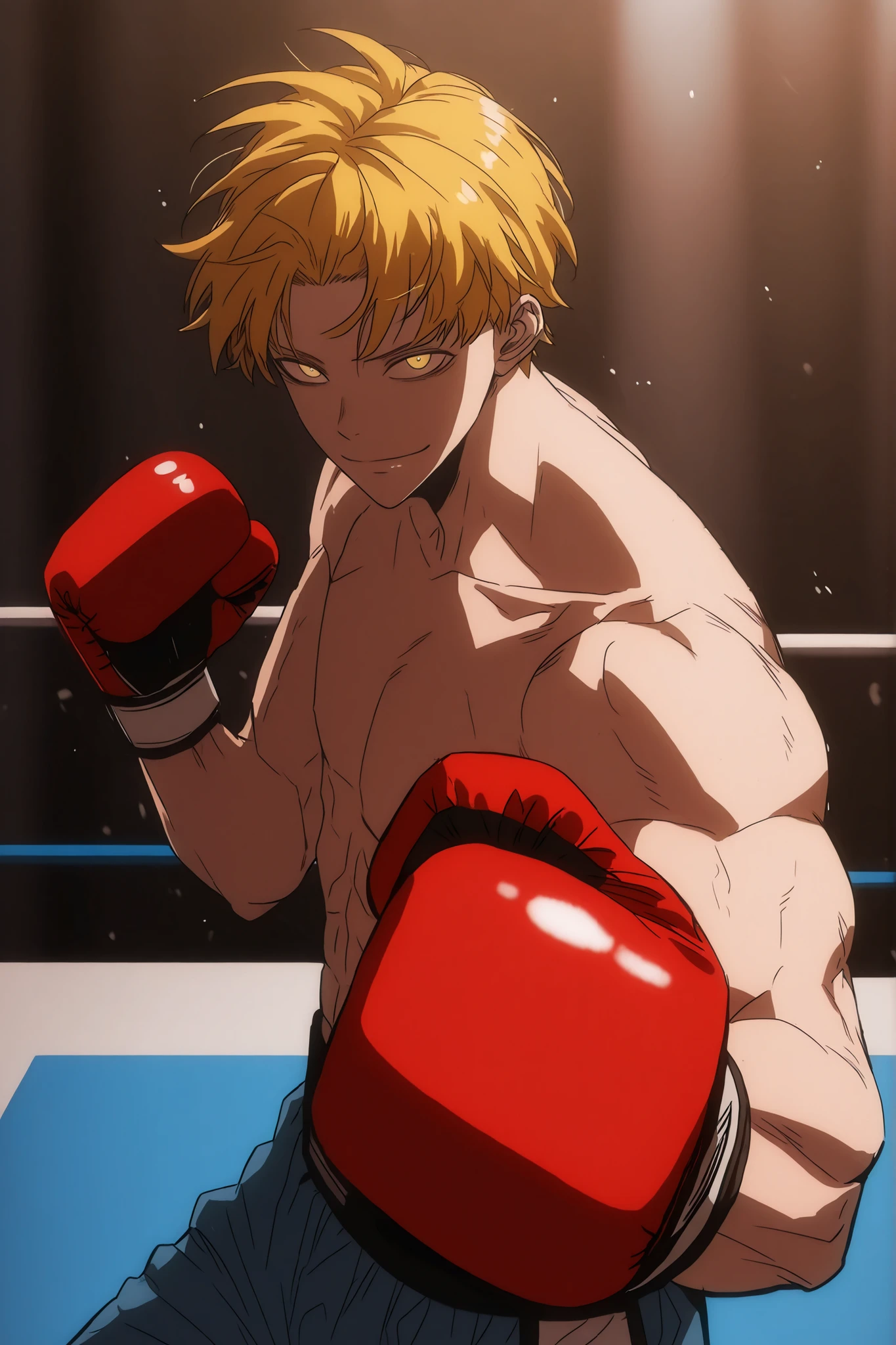 J (the boxer), cinematic portrait of score_9, score_8_up, score_7_up,
boxy, looking at viewer, male, closed mouth, boxing gloves. 85mm lens, f/1.8, dramatic side lighting, moody atmosphere, yellow hair, yellow eyes , Athletic body, ripped, Thin smile, solo leveling style, 2d, solo leveling artstyle , boxing stance, fighting stance, perspective, good perspective, the background is a boxing ring, front view, middle aged man , red boxing gloves, upperbody only, Hair down, short hair, uppertorso