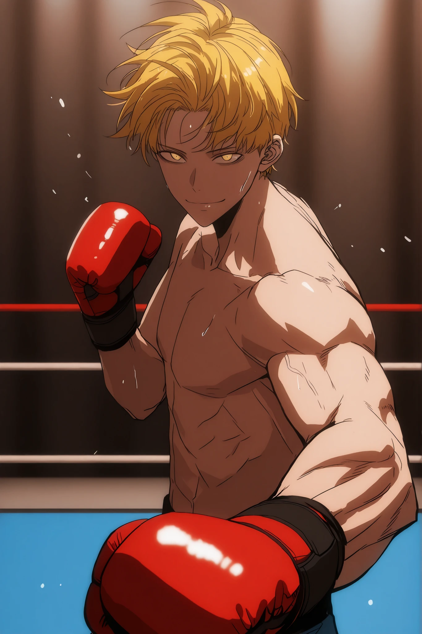 J (the boxer), cinematic portrait of score_9, score_8_up, score_7_up,
boxy, looking at viewer, male, closed mouth, boxing gloves. 85mm lens, f/1.8, dramatic side lighting, moody atmosphere, yellow hair, yellow eyes , Athletic body, ripped, Thin smile, solo leveling style, 2d, solo leveling artstyle , boxing stance, fighting stance, perspective, good perspective, the background is a boxing ring, front view, middle aged man , red boxing gloves, upperbody only, Hair down, short hair, uppertorso