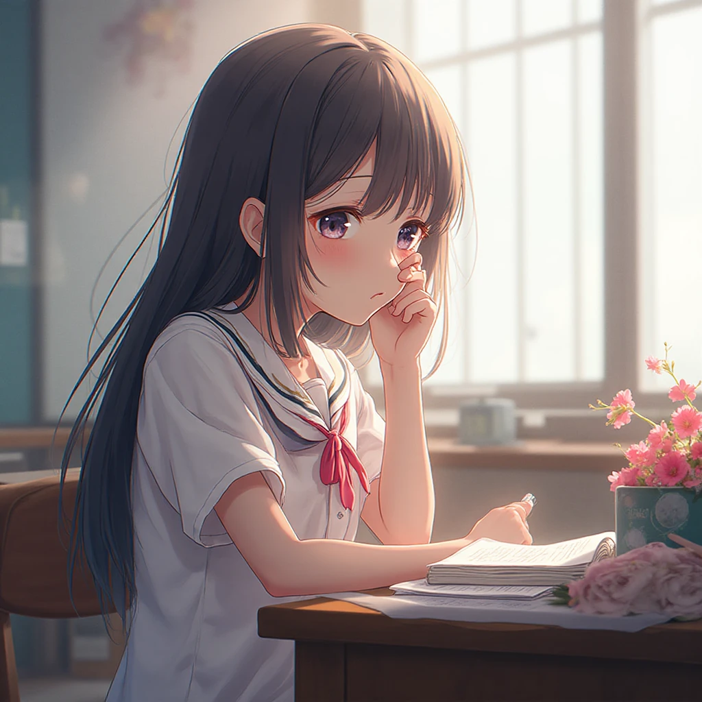 Retro anime Painting illustrating a serious and dedicated indian girl student sitting at a desk cluttered with study materials and notes. The student should appear visibly distressed and anxious. There is a newspaper on the table which has the headline "NET Exam Cancelled". The room should be dimly lit, highlighting the student's sense of isolation and frustration. The overall mood of the image should convey a blend of frustration, disappointment, and anxiety, raising awareness about the mental and emotional impact of such unexpected academic disruptions.