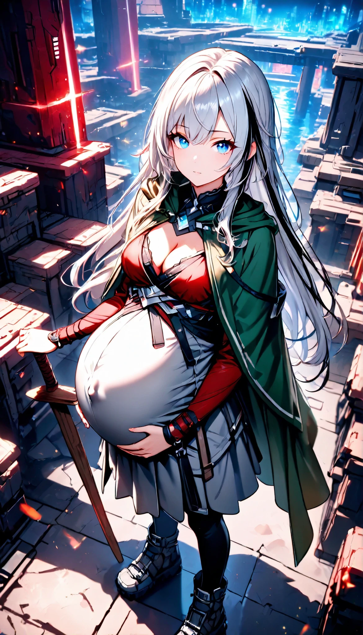 High Resolution, Best Quality, Super Detailed, Masterpiece, 4K, redstone city, night, 1girl, silver hair, long hair, straight hair, black streaks, unadorned hair, blue eyes, medium breasts, pregnant, large round heavy belly, green cloak, red top, grey skirt, black leggings, combat sandals, looking at viewer, head turned towards viewer, standing, one wooden sword, cleavage, close up