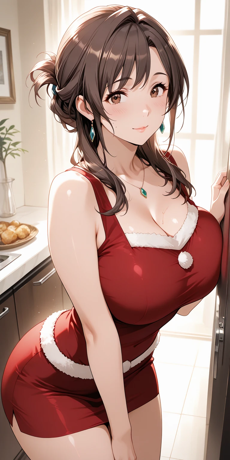 (from above:1.0),(from side:0.9),masterpiece, 1girl, Amazing Cleavage:1.1, thin waist, big ass, Raised sexy, small breast: 1.3, posed cleavage:1.2、solo, looking at viewer, open mouth, have a cute grass of cute beergrass,black hair, dark green eyes, dress,  shoulders, jewelry, collarbone, sidelocks, hairband, earrings, indoors, off shoulder, :o, sweater, arms behind back, plant, short hair with long locks, gild hairband, off-shoulder dress, sweater dress, off-shoulder sweater, red sweater, dark gord hair, big side hair, very long side hair,is rendered in (masterpiece: 1.2, best quality), with (ultra high resolution) and an exquisite (depth of field). This masterpiece is not only visually stunning but also tells,A scene of cooking in the kitchen by classroom