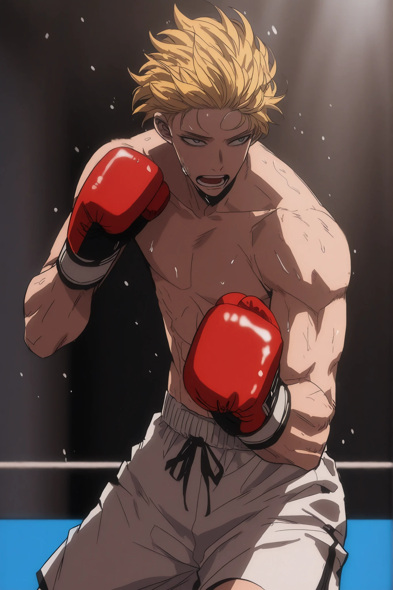J (the boxer), cinematic portrait of score_9, score_8_up, score_7_up,
  boxy, His hair covers his eyes ,  male, mouth open, boxing gloves. 85mm lens, f/1.8, dramatic side lighting, moody atmosphere, yellow hair , Athletic body, ripped, panting,  solo leveling style, 2d, solo leveling artstyle , boxing stance, guard stance, peekaboo stance, the background is a boxing ring, front view, middle aged man , red boxing gloves, upperbody only, Hair down, short hair, white boxing shorts, unseen eyes, dramatic , front view facing the camera 