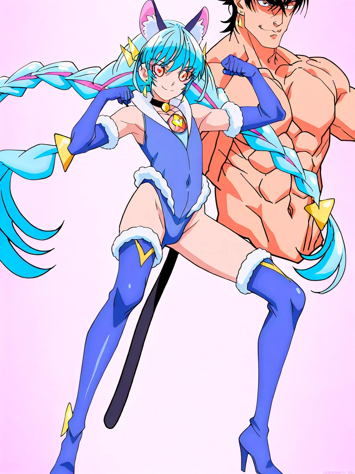 score 9 、score 8 up、score 7 up、source anime、傑作、Best quality、Best resolution、Best image quality、anime coloring、anime screencap、anime screenshot、anime colored、official art、official style、1boy、cure cosmo is a male warrior、(male:1.6)、anime man in a blue leotard、solo、light blue hair、twin braids、long sidelocks、twin drills、floating hair、bangs between eyes、short bangs、low twintail hair、blunt bangs、orange eyed boy、(manly face:1.6)、long legs、zodiac boy、magical boy、portrait zodiac boy、official anime art style、official anime artwork、official anime style、blue leotard、heart hair ornament、earrings、cat ears、animal ear fluff、sleeveless leotard、fur collar、blue gloves、bare shoulders、elbow gloves、covered midriff、covered abs、covered navel、 covered stomach、covered pectoralis major、flat chest、covered biceps、covered biceps long head、covered biceps short head、covered triceps、covered triceps medial head、covered triceps lateral head、covered triceps long head、covered trapezius、deltoids、anterior deltoids、middle deltoids、posterior deltoids、covered hamstrings、covered adductor magnus muscles、anime best male、bare crotch、(manly:1.6)、high leg cut、skirtless leotard、muscular and strong、slender muscles、slender body、cat tail、blue thighhigh boots、heels boots、standing、seductive anime boy、anime cool boy、anime  boy、anime androgynous boy、anime nihilistic boy、anime  boy、anime  boy、naughty smile、lewd smile、provocative smile、nihilistic smile、((cure cosmo outfit arranged in a leotard style))、official artwork、!!Full body portrait!!、official art style、 magical boy style、top quality、top image quality、top resolution、anime screencap、perfect body、perfect hands、perfect arms、perfect legs、solo focus、male focus、looking at viewer、cowboy shot、(male body:1.6)、beefcake style、dark blue background、light blue background、gradient background、two tone background、multicolored background、