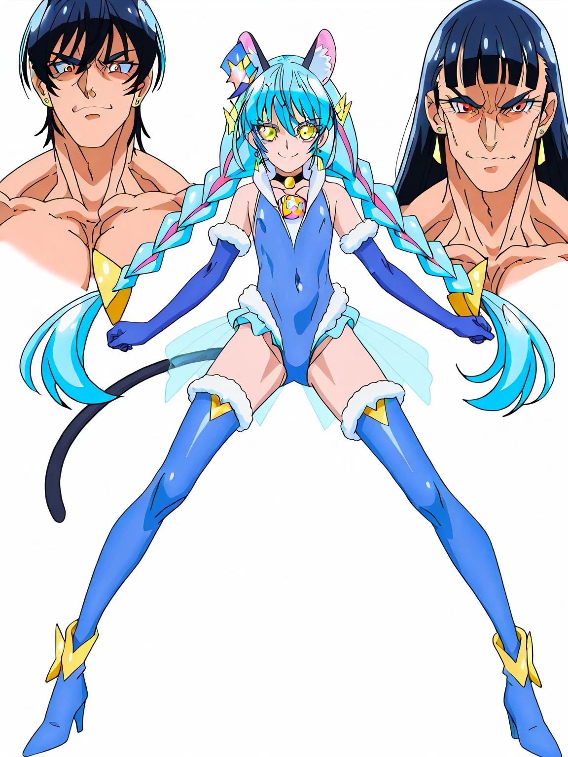 score 9 、score 8 up、score 7 up、source anime、傑作、Best quality、Best resolution、Best image quality、anime coloring、anime screencap、anime screenshot、anime colored、official art、official style、1boy、cure cosmo is a male warrior、(male:1.6)、anime man in a blue leotard、solo、light blue hair、twin braids、long sidelocks、twin drills、floating hair、bangs between eyes、short bangs、low twintail hair、blunt bangs、orange eyed boy、(manly face:1.6)、long legs、zodiac boy、magical boy、portrait zodiac boy、official anime art style、official anime artwork、official anime style、blue leotard、heart hair ornament、earrings、cat ears、animal ear fluff、sleeveless leotard、fur collar、blue gloves、bare shoulders、elbow gloves、covered midriff、covered abs、covered navel、 covered stomach、covered pectoralis major、flat chest、covered biceps、covered biceps long head、covered biceps short head、covered triceps、covered triceps medial head、covered triceps lateral head、covered triceps long head、covered trapezius、deltoids、anterior deltoids、middle deltoids、posterior deltoids、covered hamstrings、covered adductor magnus muscles、anime best male、bare crotch、(manly:1.6)、high leg cut、skirtless leotard、muscular and strong、slender muscles、slender body、cat tail、blue thighhigh boots、heels boots、standing、seductive anime boy、anime cool boy、anime boy、anime androgynous boy、anime nihilistic boy、anime boy、anime boy、naughty smile、lewd smile、provocative smile、nihilistic smile、((cure cosmo outfit arranged in a leotard outfit))、official artwork、!!Full body portrait!!、official art style、 magical boy style、top quality、top image quality、top resolution、anime screencap、perfect body、perfect hands、perfect arms、perfect legs、solo focus、male focus、looking at viewer、cowboy shot、(male body:1.6)、beefcake style、dark blue background、light blue background、gradient background、two tone background、multicolored background、