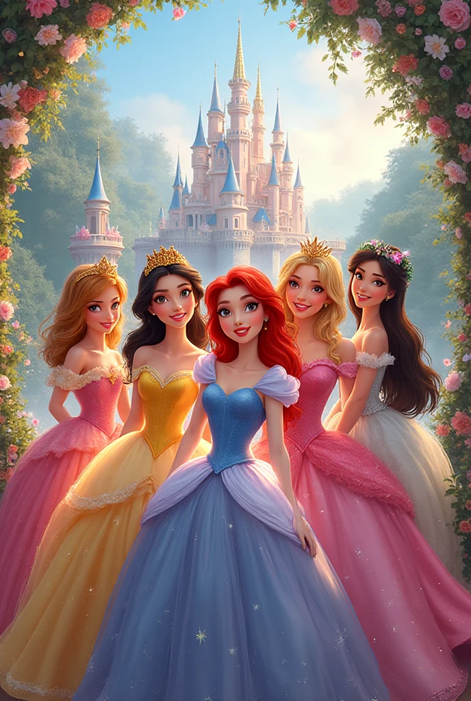 Make a poster with the theme of the Disney Chanel princesses and you can see the princesses and there is an apple , a glass slipper like Cinderella's and a crown 