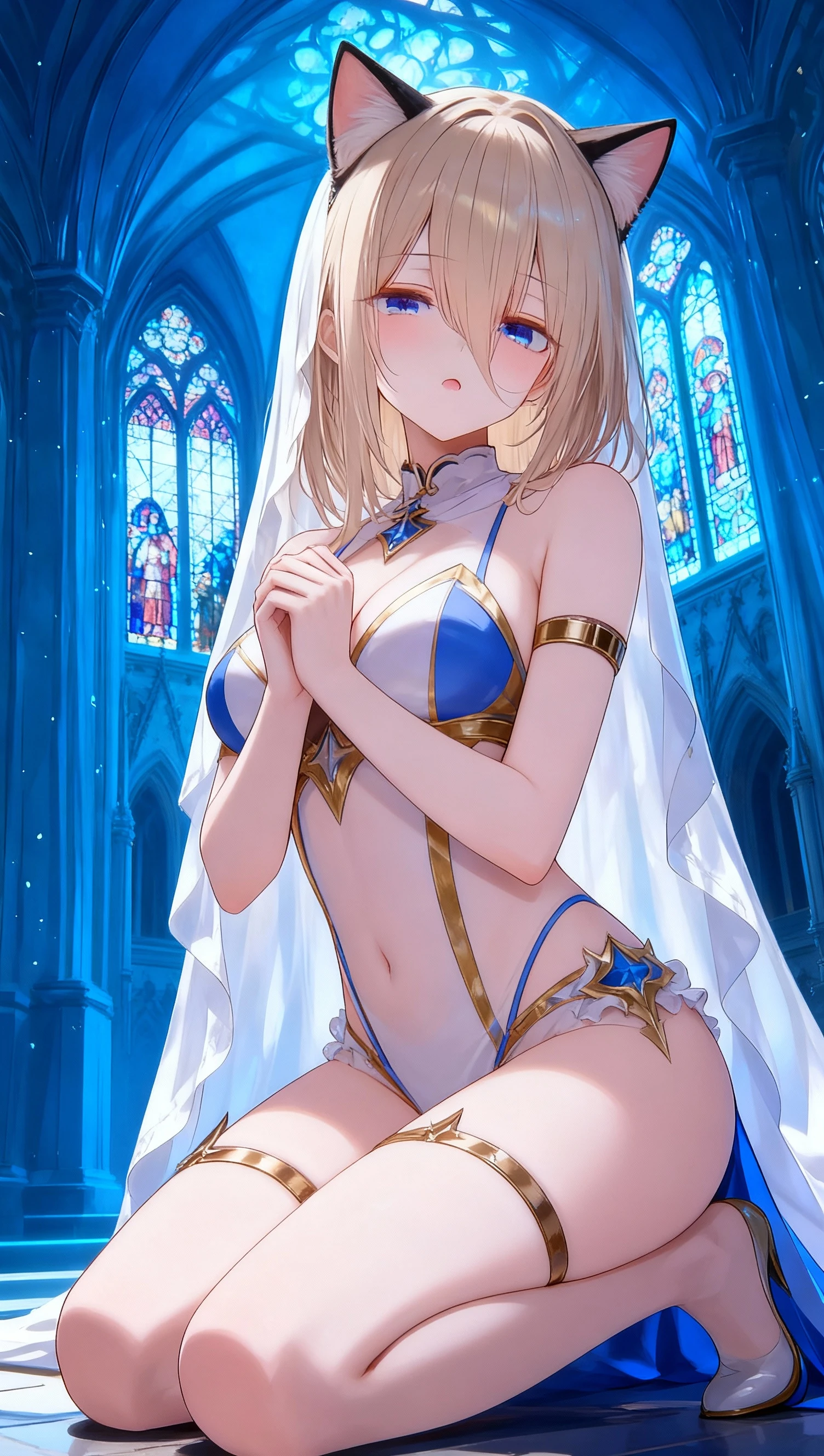 fantasy theme, 1girl, (soft skin:1.2), long blonde hair, blue eyes, (medium breasts:1.2), nun, lingerie, (pelvic curtain:1.2), (groin:1.2), (see-through:1.3), lace, stockings, smile, indoors, church, stained glass, altar, Masterpiece, best quality, detailed background, intricate details, detailed, <lora:detail_slider_v4:1.25>