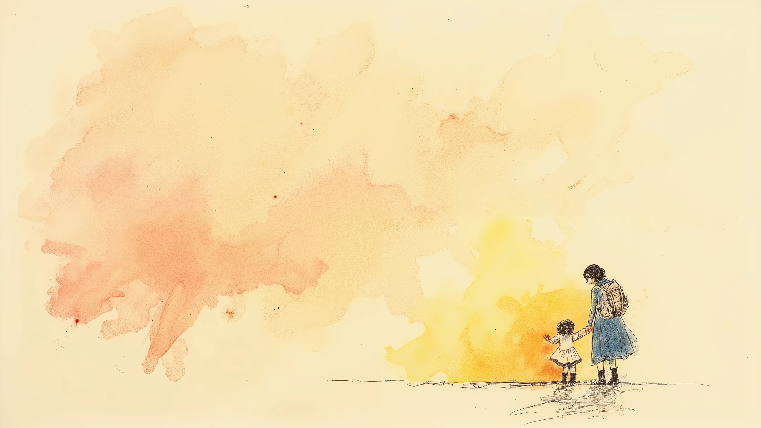 Two sets of crayon strokes gently echoing each other, one slightly larger and one smaller, suggesting a parent and child without showing figures, warm pastel tones, playful marks, gradual growth-like patterns, soft retro light, emotional and symbolic atmosphere