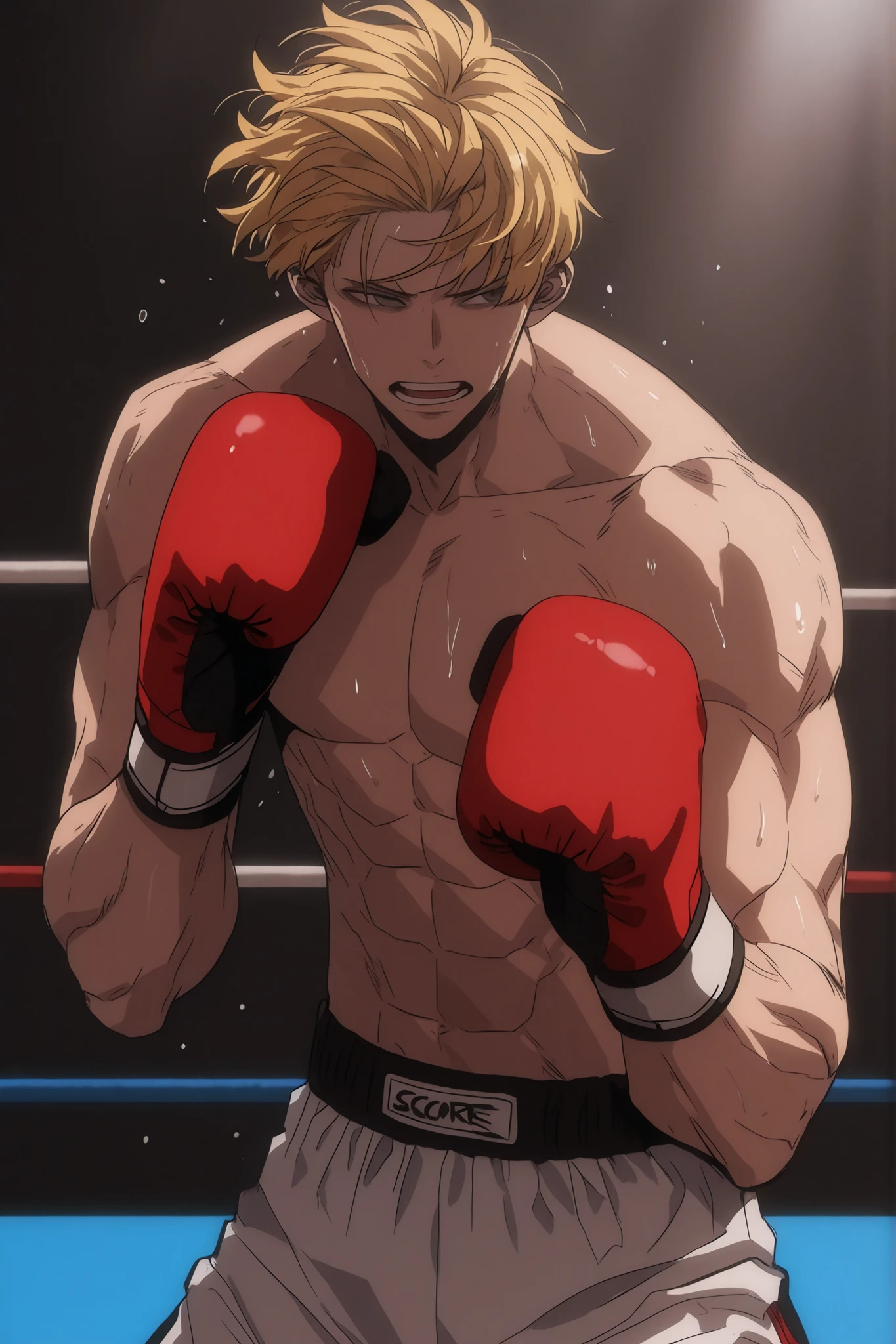 J (the boxer), cinematic portrait of score_9, score_8_up, score_7_up,
boxy, His hair covers his eyes , topless male, mouth open, boxing gloves. 85mm lens, f/1.8, dramatic side lighting, moody atmosphere, yellow hair , Athletic body, ripped, panting, solo leveling style, 2d, solo leveling artstyle , boxing stance, peekaboo boxing stance, the background is a boxing ring, front view, middle aged man , red boxing gloves, upperbody only, Hair down covering his eyes, short hair, we can't see his eyes because of his hair, white boxing shorts, unseen eyes, dramatic , front view facing the camera, he holds his gloves close to his cheeks and hugs his arms to his torso to protect his jaw and chest.