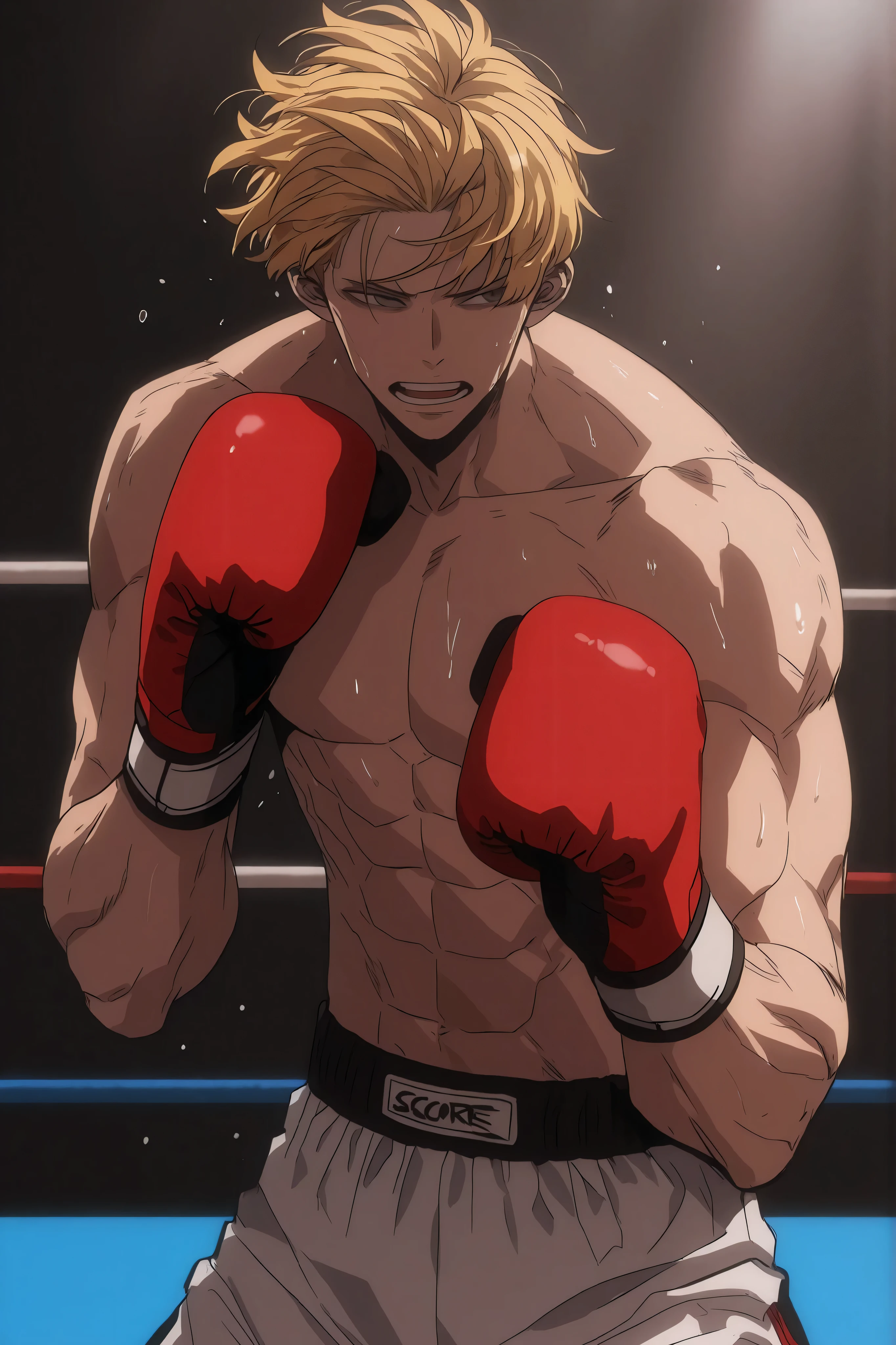 J (the boxer), cinematic portrait of score_9, score_8_up, score_7_up,
  boxy, His hair covers his eyes ,  male, mouth open, boxing gloves. 85mm lens, f/1.8, dramatic side lighting, moody atmosphere, yellow hair , Athletic body, ripped, panting,  solo leveling style, 2d, solo leveling artstyle , boxing stance, peekaboo boxing stance, the background is a boxing ring, front view, middle aged man , red boxing gloves, upperbody only, Hair down covering his eyes, short hair, we can't see his eyes because of his hair, white boxing shorts, unseen eyes, dramatic , front view facing the camera, he holds his gloves close to his cheeks and hugs his arms to his torso to protect his jaw and .