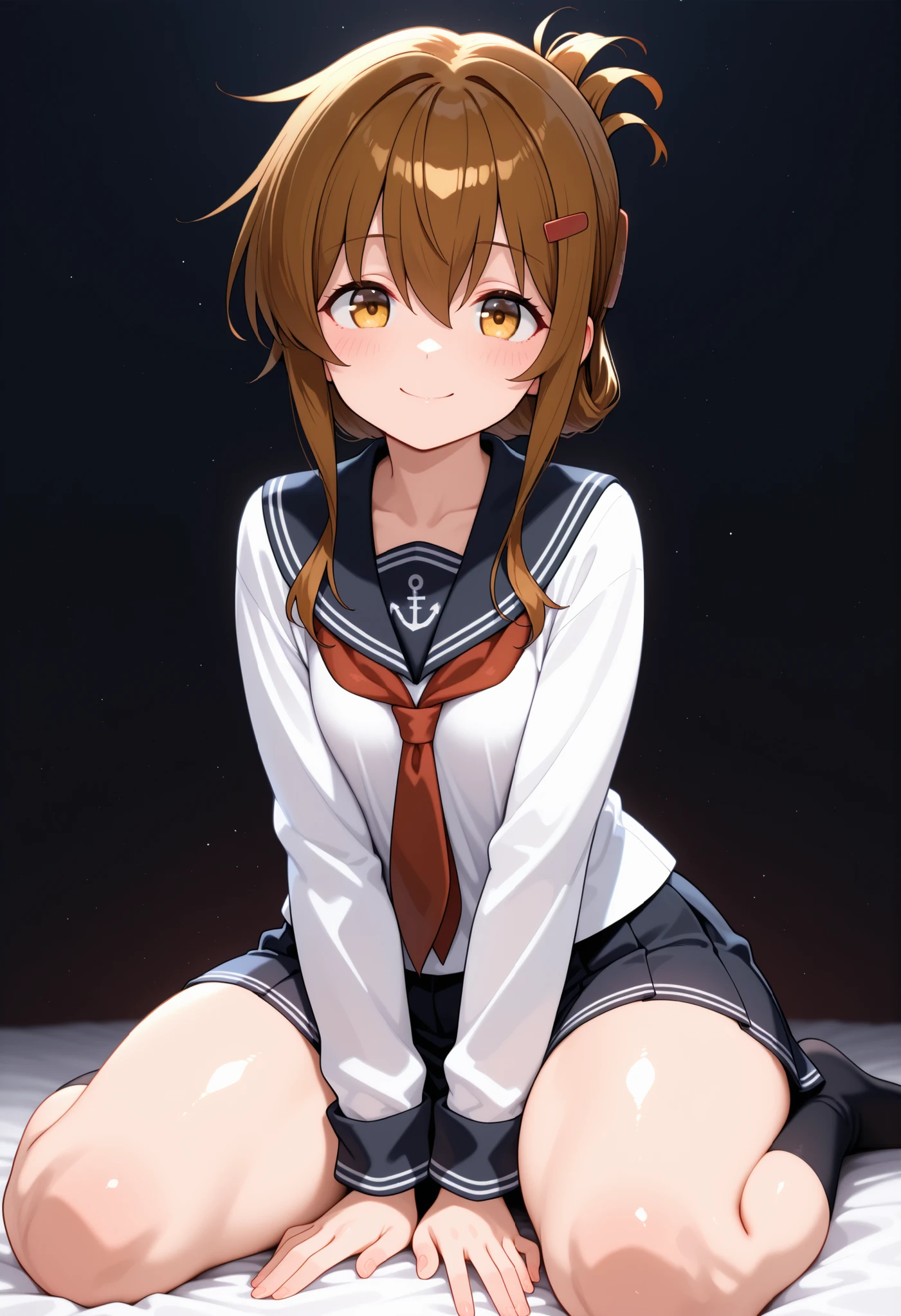 ,Inazuma \(kancolle\),Inazuma \(kancolle\), sailor uniform, long sleeves, red neckerchief, pleated black miniskirt, hairclip,thick thighs,looking at viewer,wariza,smile