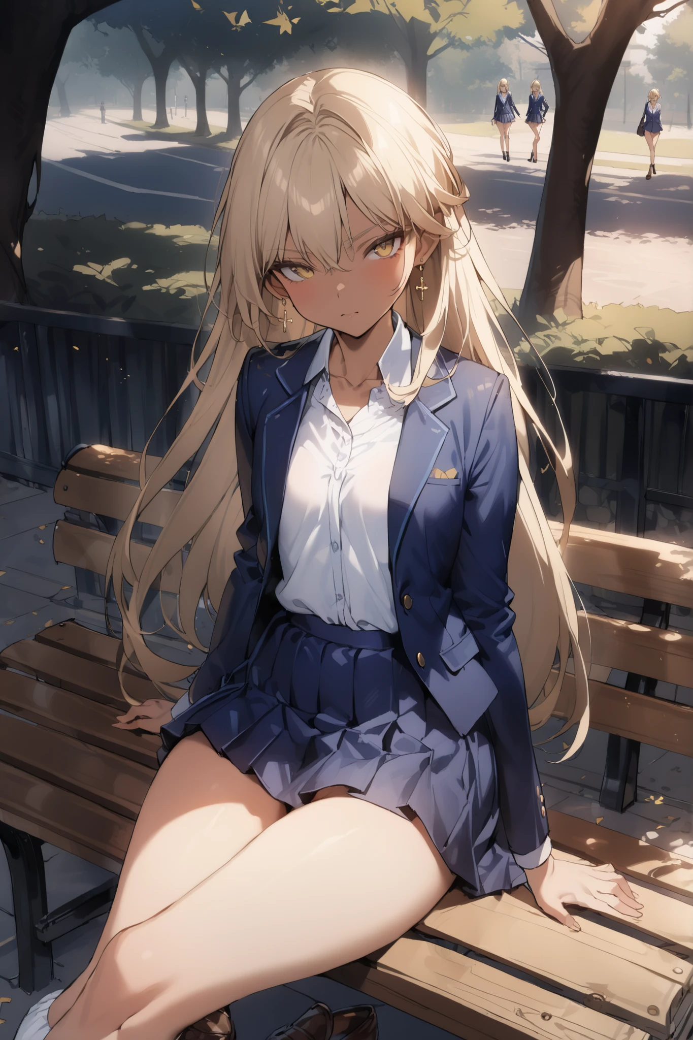 ((masterpiece,top quality:1.2)),(Super-resolution),(1gir),slender,((Female high school student sitting cross-legged on a park bench and staring at me during the day)),beautiful skin,(((healthy tanned skin))),(((thin thighs))),(((Long Golden Hair))),perfect golden eyes, tree eyes ,serious expression,(((navy blue blazer))),(((white blouse))),(((dark blue school skirt))),white loose socks,brown loafers,gold earrings,cowboy shot