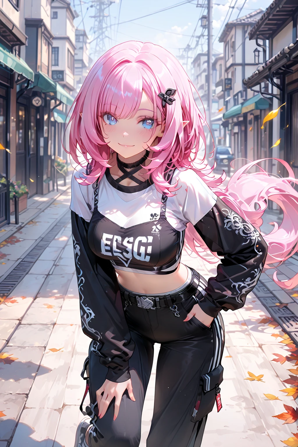 ​masterpiece, 1girl ((20year old, crop top exposes navel, tight blue jeans, sneakers, medium breasts, multicolor pink hair, twin ponytails, perfect model body, green eyes, , happy, big smile, headphones, standing in a graveyard with scary haunted Victorian style mansion in the background at night, neon lights and scary, eerie and spooky atmosphere)) ((nighttime)) ((solo))