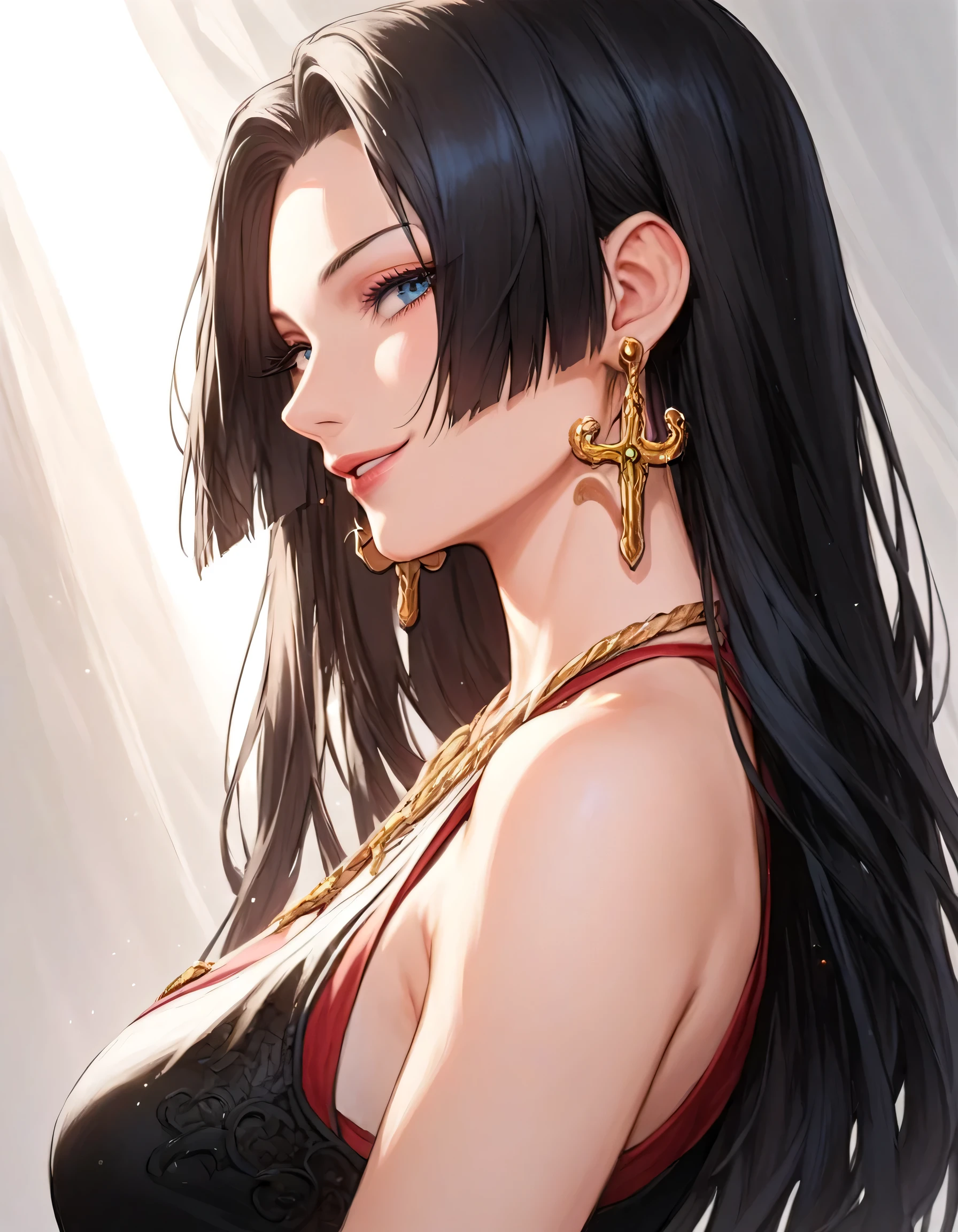 masterpiece, best quality, ultra-detailed, sideview, profile,looking at viewer,solo,1girl, boa hancock, long black hair, straight hair with slight waves, blue eyes, sharp eyes,natural cosmetic,adult mature face, seductive expression, slight smile, large golden earrings, pastel pink qipao dress, black dress with high side slit, red and gold accents, bare shoulders, fur-trimmed cape, cross necklace, perfect face, symmetrical face, detailed skin texture, soft lighting, cinematic light, portrait, upper body,sharpness,soft line art,slender,slim,pride face,
