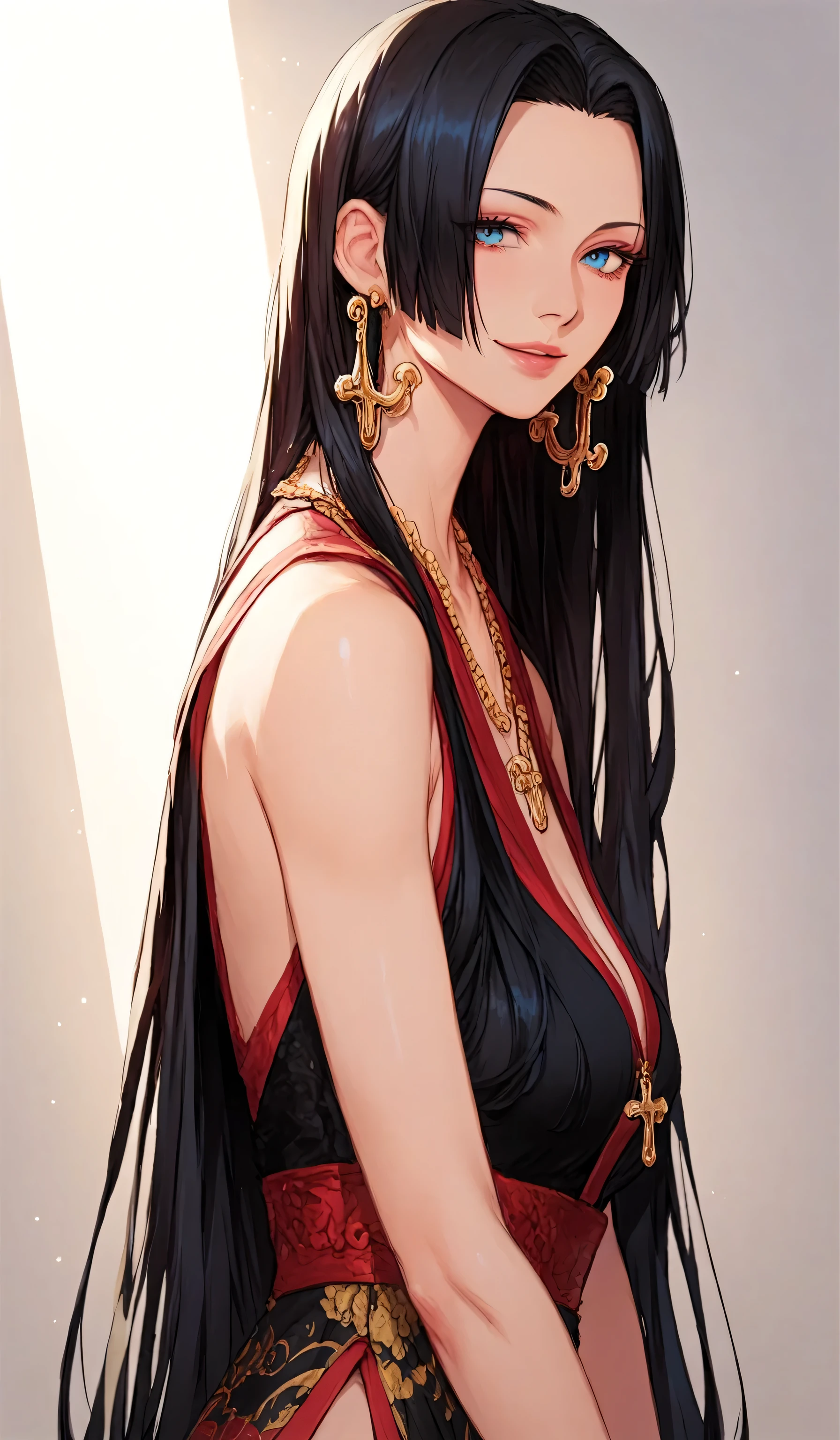 masterpiece, best quality, ultra-detailed, sideview, looking at viewer,solo,1girl, boa hancock, long black hair, straight hair with slight waves, hair over one eye, blue eyes, sharp eyes,natural cosmetic,adult mature face, seductive expression, slight smile, large golden earrings, pastel pink qipao dress, black dress with high side slit, red and gold accents, bare shoulders, fur-trimmed cape, cross necklace, perfect face, symmetrical face, detailed skin texture, soft lighting, cinematic light, portrait, upper body,sharpness,soft line art,slender,slim,pride,