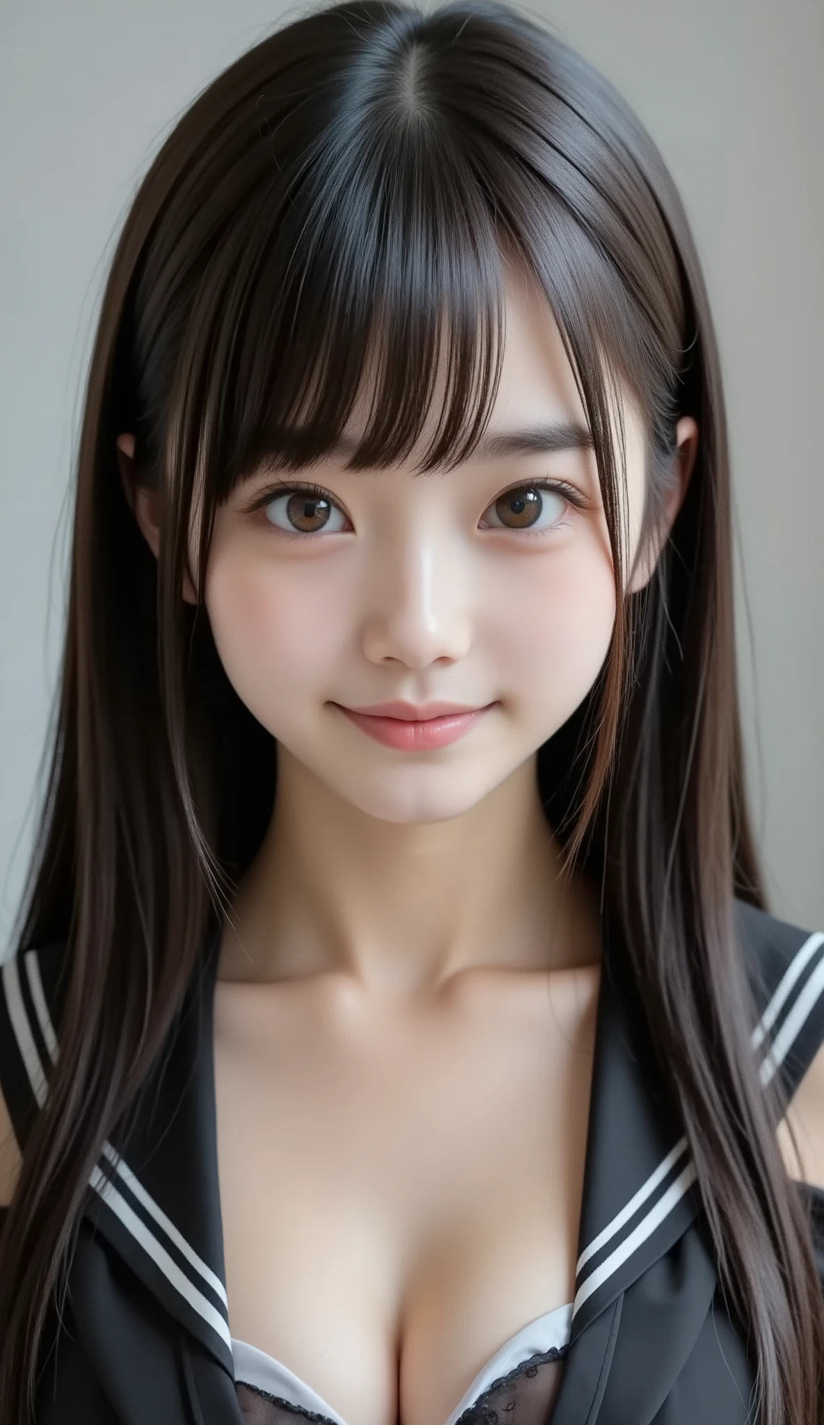 cinematic lighting sitting on rails, supernatural, masterpiece, anatomically, Super Detailed, more information , high quality, Award-winning , Highest品質, Highest, 16 kg, 12 years old、detailed face, Realistic Textured Skin , 一人の12 years oldの女の子, Wear a black long sleeve sailor suit and knee-length skirt 、soft atmosphere, Ultra Realistic Photography , Alone, Full body photo, A refreshing smile with diamond-shaped edges、 (( Power Rangers Thin White Transparent Costume ))., thin transparent white bodysuit , (( Sexy erotic tights、sensual bodysuit))., beautiful young woman, Rosie's Girl , long black hair , (small breasts), (small breastsの谷間強調:1.3), (( erectile nipples )), slender body, ( Abs), CURVED BODY FOR MOVIES, toe to toe ., side view from the front ., random pose., medium shot of a young woman、head to knee in external expression、A professional photo studio shot、 natural way of standing 、Trimmed body、feels smooth against the skin、Soft natural light shines in from the top left、A neutral gray gradient background、8K Ultra High Resolution、vivid focus in front of women、Perfect exposure、Professional Lighting Setup、Soft shadows by the softbox、 When using 、 when you use 、all details are clarified、A realistic texture expression unique to the market、modern and elegant atmosphere、balanced configuration、framing with the golden ratio in mind、Power Rangers Thin White Transparent Costume、An elegant finish like a high-end fashion magazine、medium shot of a young woman、head to knee in external expression、12 years oldのかわいい女の子、pastel back glasses、Soft natural light shines in from the top left、(((configuration)))