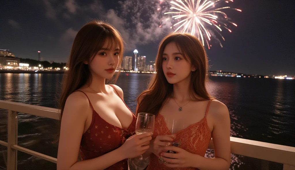 ((Photorealistic:1.5, tabletop:1.5, 8K, RAW shooting)), (Highest quality, masterpiece, ultra-high resolution), Mysterious portrait, Perfect dynamic composition, Professional camerawork, Extremely detailed skin and face texture:1.3, Growth light effect, Ultra-detailed, One girl, (At a festival venue, Full moon night:1.3, Fireworks filling the screen:1.3), (Colorful yukata), (Shooting with blur:1.4, Fogging the lens:1.4), Model figure, Beautiful and clear face, (Eyes that convey beautiful eros:0.9, Enchanted expression:1.0, "I love you from the bottom of my heart":0.8, Slightly open mouth, Lips that convey beautiful eros:0.7), (Dark brown medium hair, Hair blowing in the wind), Medium ?????, Necklace, (Tilting, Rising), ((Attraction))