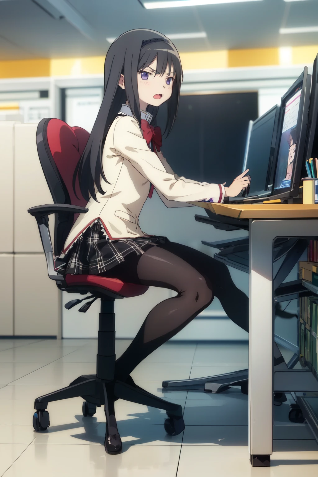 homuraakemi, 1girl, solo , front view, looking  ahead , long hair, straight hair, (long horizontally face:1.3, short vertically face:1.3),  purple eyes, black pantyhose, open legs, shoes, whole body ,using computer, sitting office chair, open mouth,  serious, slender body, flat chest, glaring , Masterpiece, super high resolution, detailed eyes