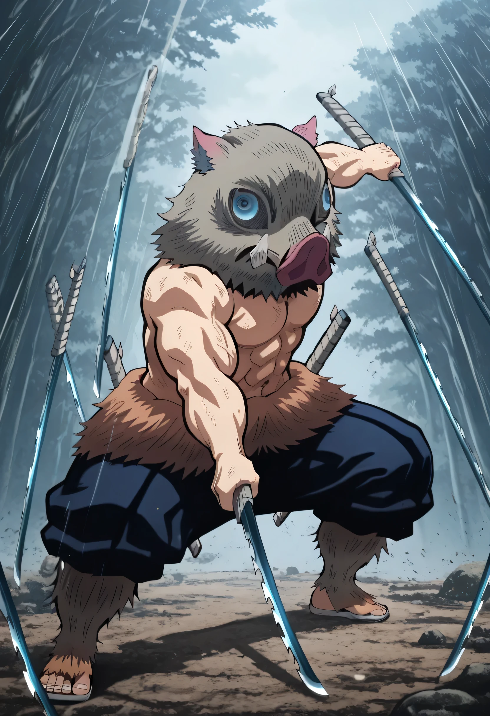 grey-pink_Inosuke_boar mask, white_Inosuke_tusks, blue_Inosuku_boar eyes,muscle,full body,having to the katana with hand,Two-sword style,fighting with two swords