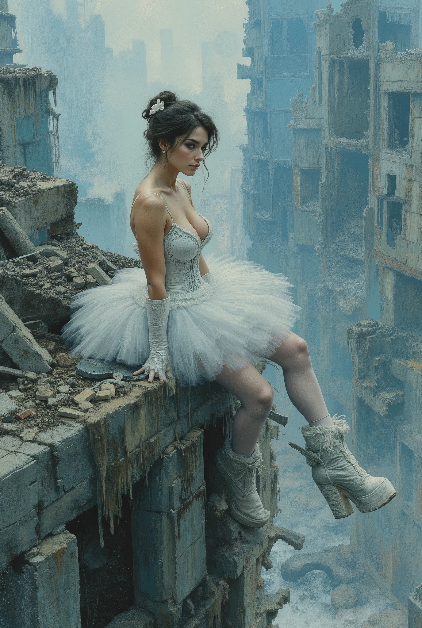 oil painting. The end of World. The digital illustration shows a beautyfull woman. She's wearing a white tutu white pantyhose and white platform boots. She is sitting on top of the ruins of high destroyed building with legs down. She has evening makeup and a hairstyle. It is wide angle shot from top. The background is a mix of abstract and urban elements, with a cool color palette dominated by shades of blue and gray. The overall style of the game is very detailed and dynamic, with an emphasis on strong and confident character behavior. Surreal digital graphics.