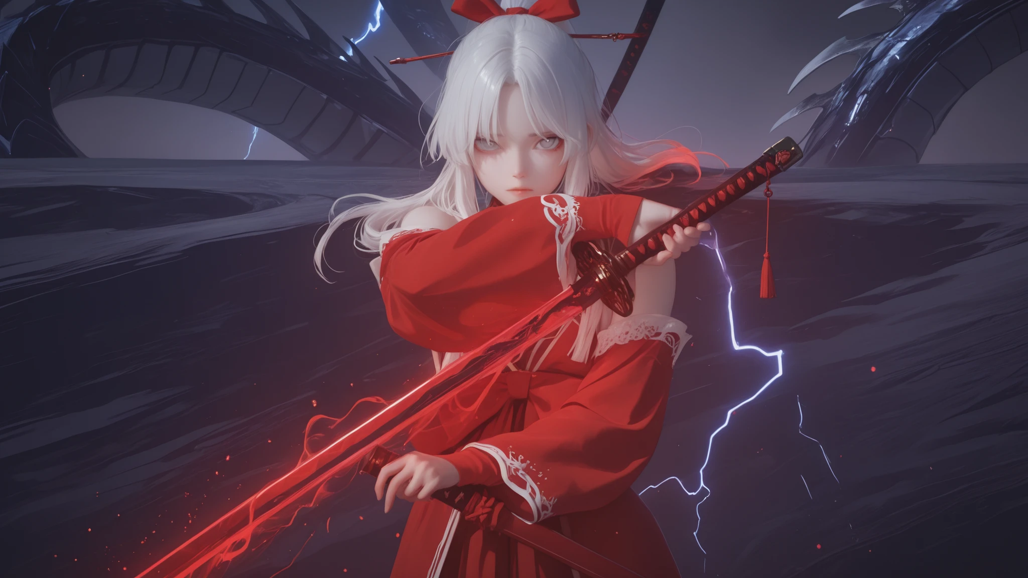 A pale skinned woman with long white hair and bright gray eyes looks forward intently, her expression is unreadable, almost empty. She wears a red top with fluffy white trim and a large red bow in her hair, , which is decorated with red berries on the branches. She's holding a long one, an ornate red katana with a black hilt, , glows with bright red energy. Less, ethereal red particles and glowing red lines emanate from the sword and body. In the other hand, In her hands is a second, Darksword. Dark background, a futuristic or fantasy arena with a large blade, metal, serpentine structures, curving into the sky beneath the fog, purple-gray atmosphere. x} pulses of energy are visible near her feet, blue lightning-like, , adding a dramatic and powerful mood.
