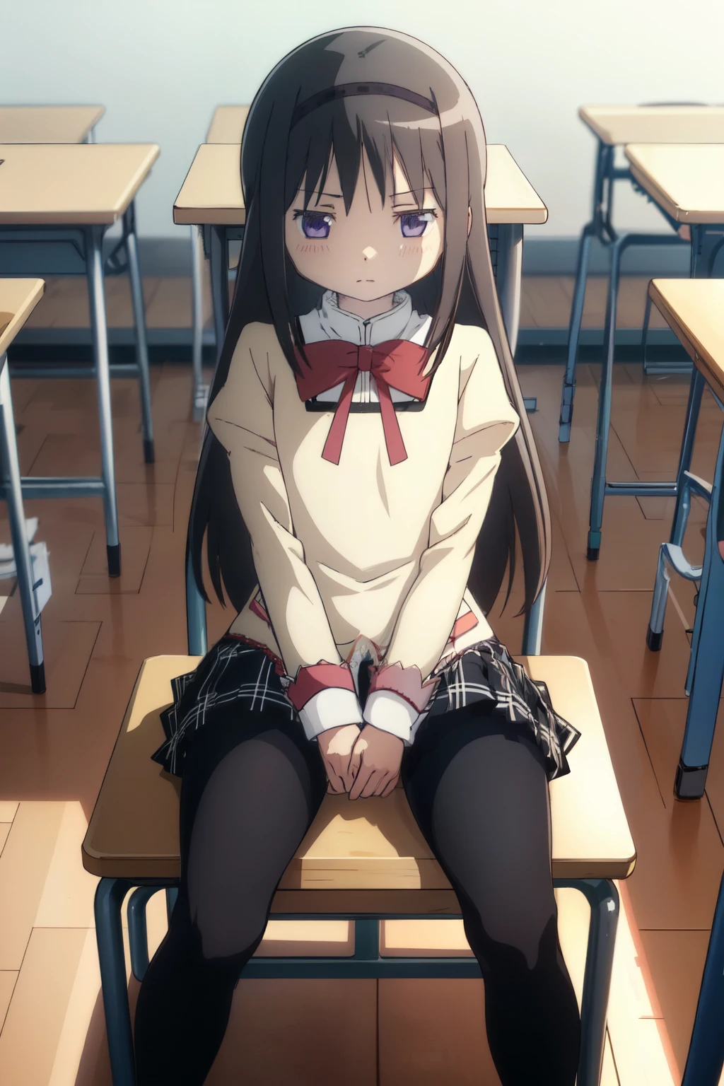 homuraakemi, 20 years old, nsfw, 1girl, solo , front view, looking away, long hair, straight hair, (long horizontally face:1.3, short vertically face:1.3), purple eyes, lifting up a skirt, black pantyhose, spread legs,( crotch covered by tights ), shoes, whole body , school desk, sitting small school chair, arms on knees, closed mouth, expressionless, slender body, flat chest, Masterpiece, super high resolution, detailed eyes , detailed face