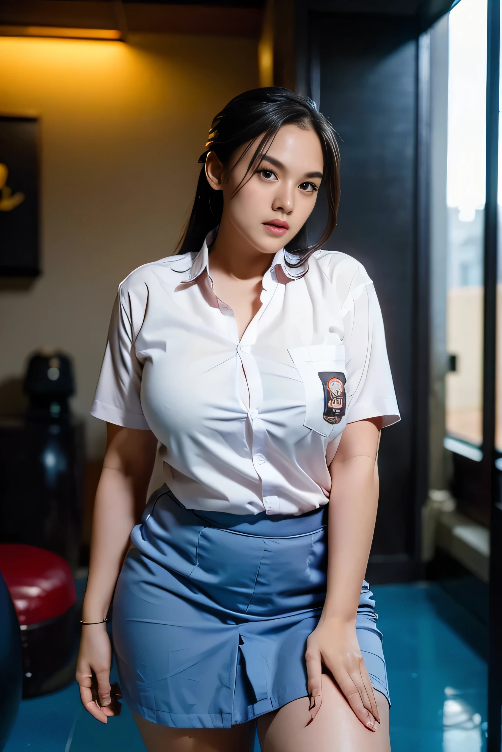 1girl, solo, 19 years old, tall body, (uniform), at the gym, crawling towards viewer, semi-thick , smooth realistic skin, angry face, white shirt, grey blue skirt, crawling towards viewer, photorealistic, 8K, ultra-detailed, hyper-realistic, physically-based rendering, chiaroscuro lighting, neon lights, vibrant colors, moody atmosphere, elegant aesthetic, glamour photography, from a far