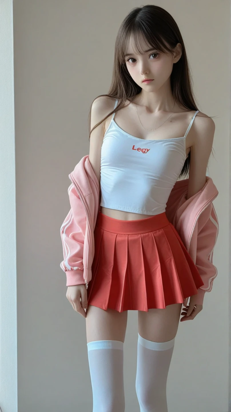 Beautiful teenager, Colombian with pale skin (white), bright red hair, with perfect natural ???????, thin and big hip, wearing red skirt (with glitter) very elegant and mesh blouse
